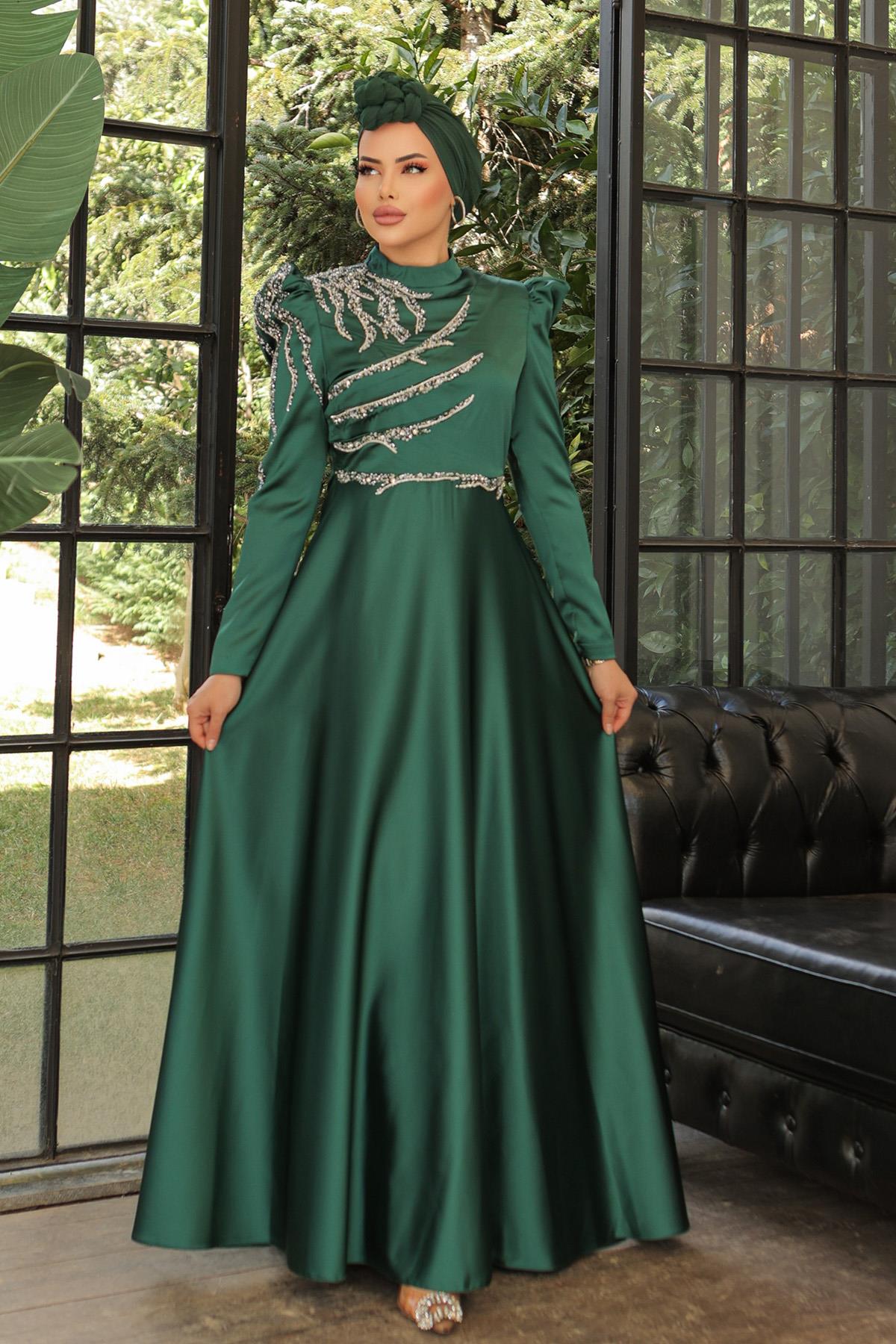 Tesettür Mina Saten Abiye Zümrüt YeşiliLP6010