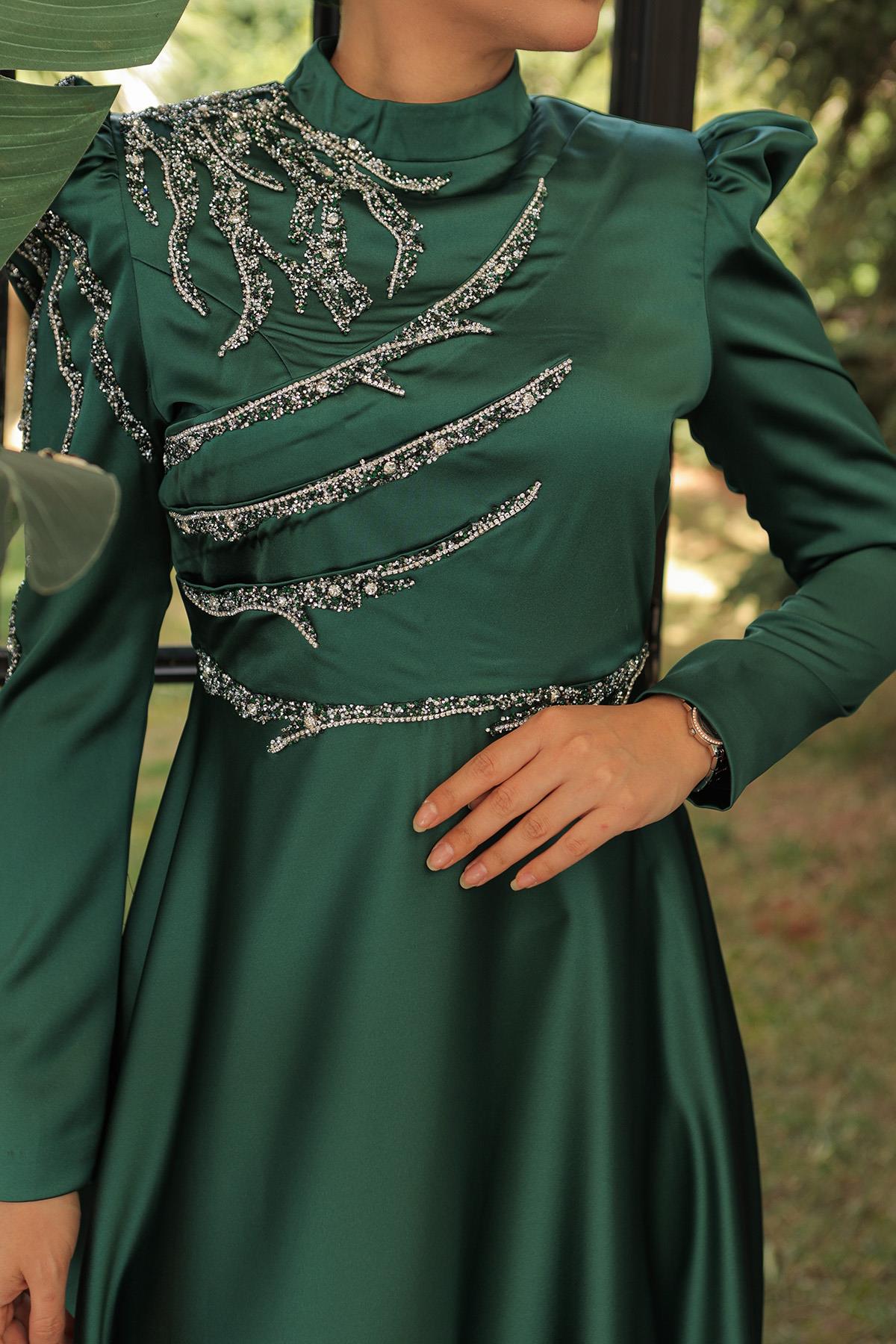 Tesettür Mina Saten Abiye Zümrüt YeşiliLP6010