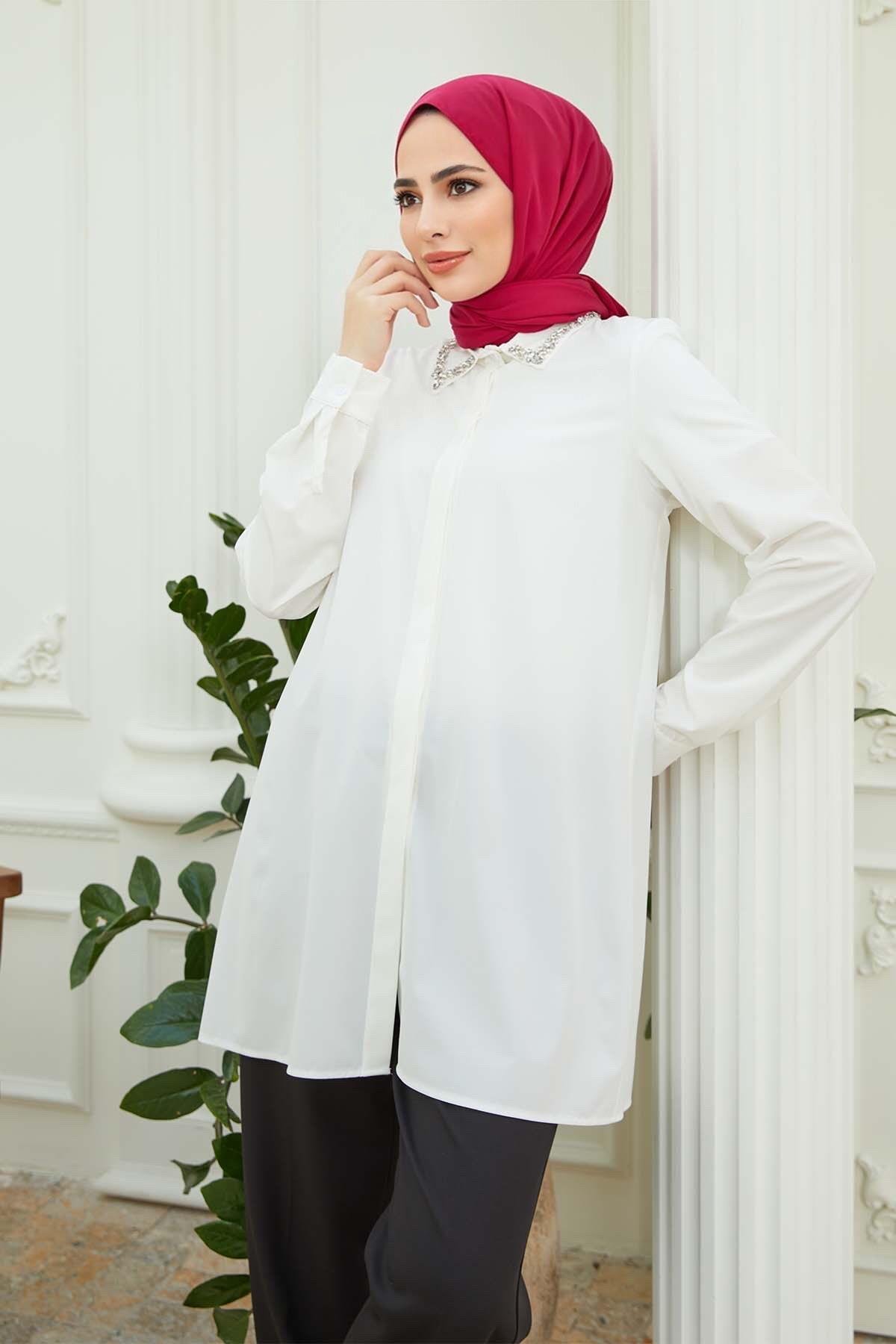 Tesettür Miray Yakası Taş Detaylı Gömlek EkruHM4122