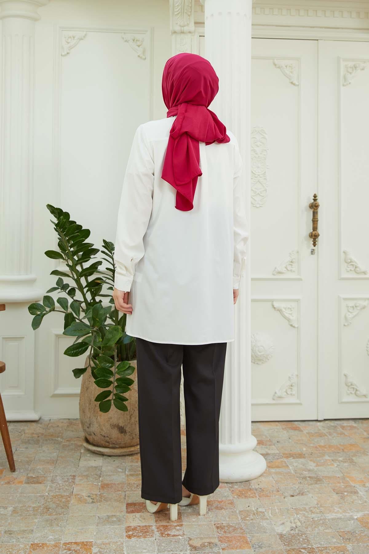 Tesettür Miray Yakası Taş Detaylı Gömlek EkruHM4122