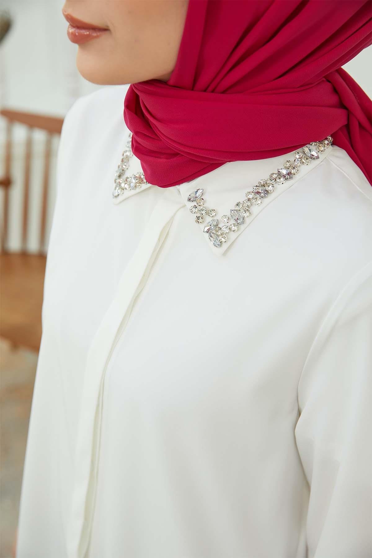 Tesettür Miray Yakası Taş Detaylı Gömlek EkruHM4122