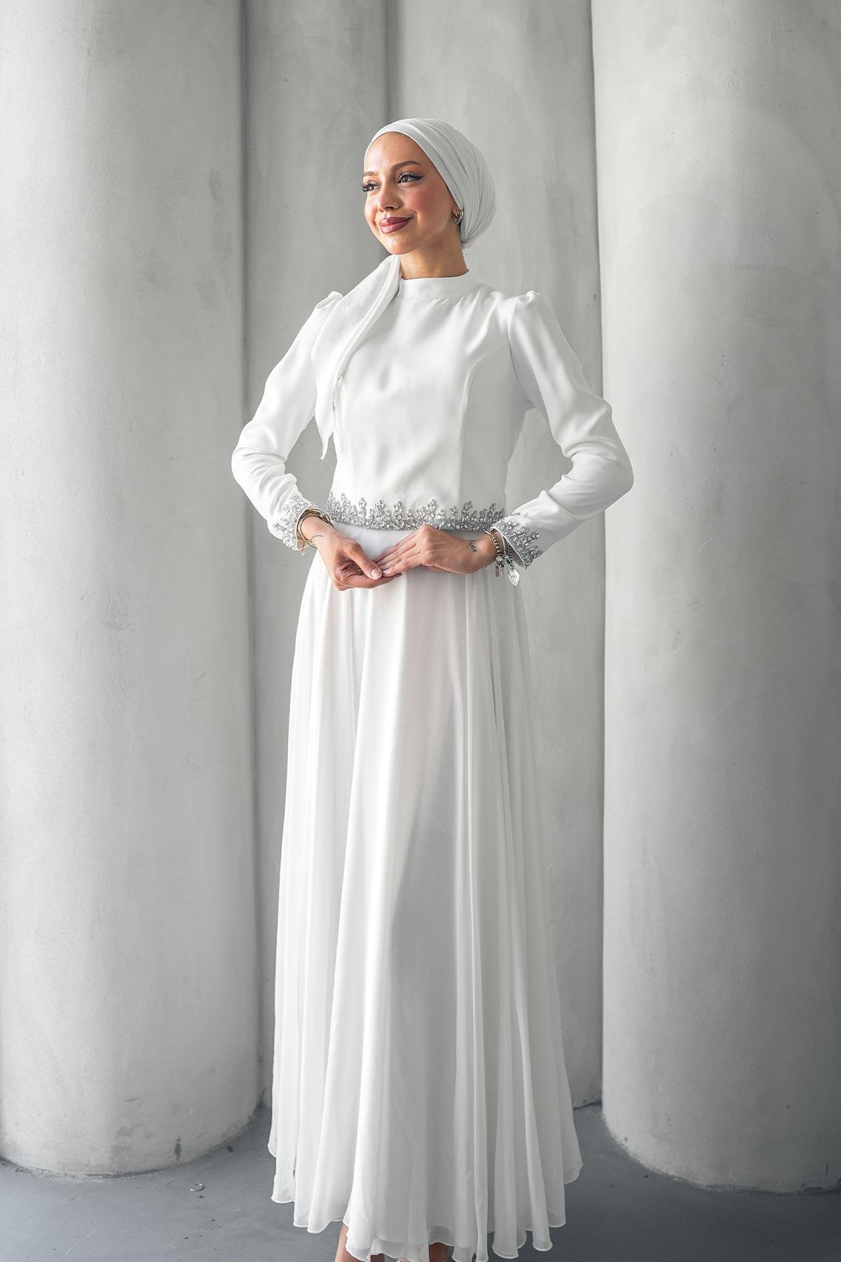 Tesettür Mona Adriana Takım Abiye BeyazLP6303