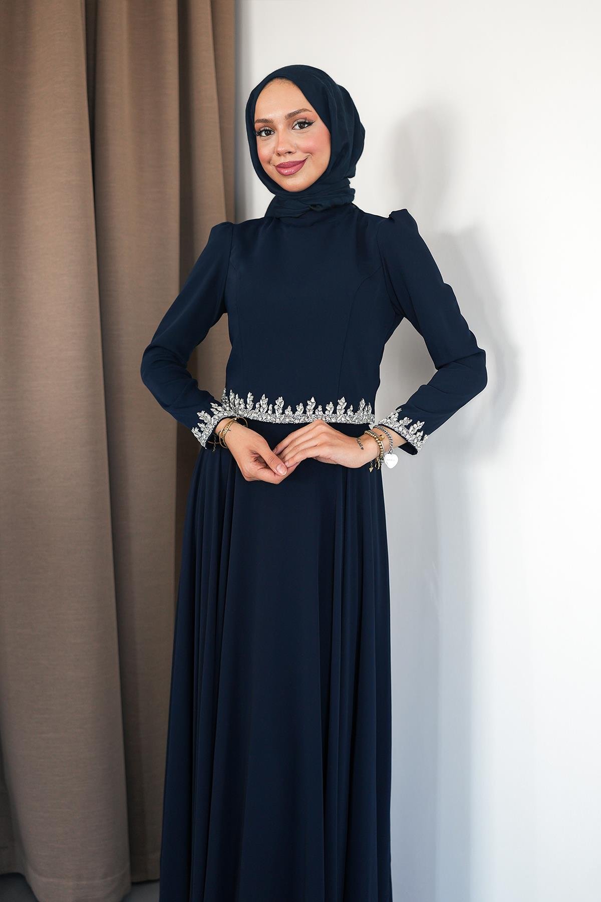 Tesettür Mona Adriana Takım Abiye LacivertLP6303