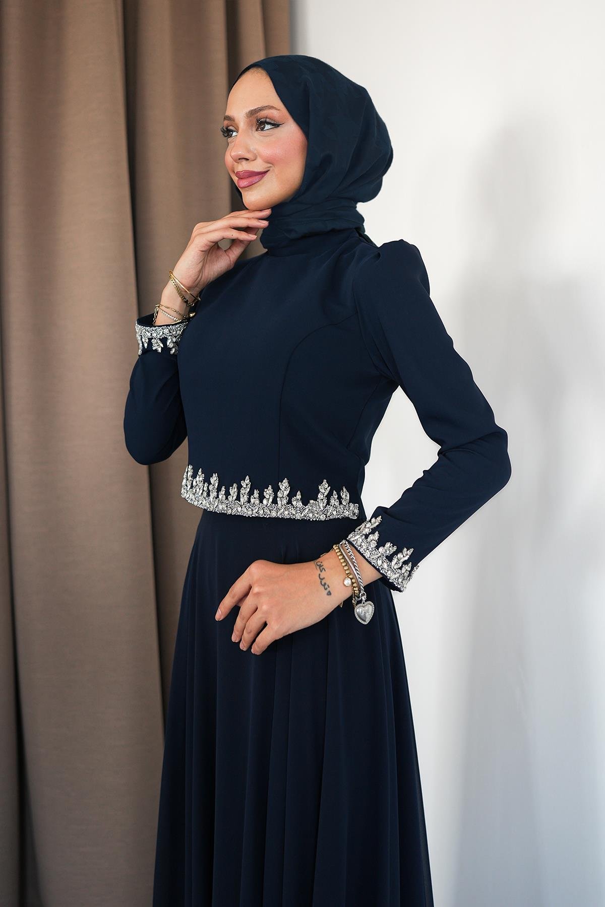 Tesettür Mona Adriana Takım Abiye LacivertLP6303