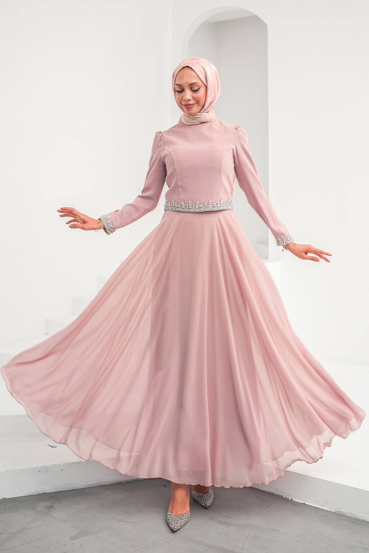 Tesettür Mona Adriana Takım Abiye PudraLP6303