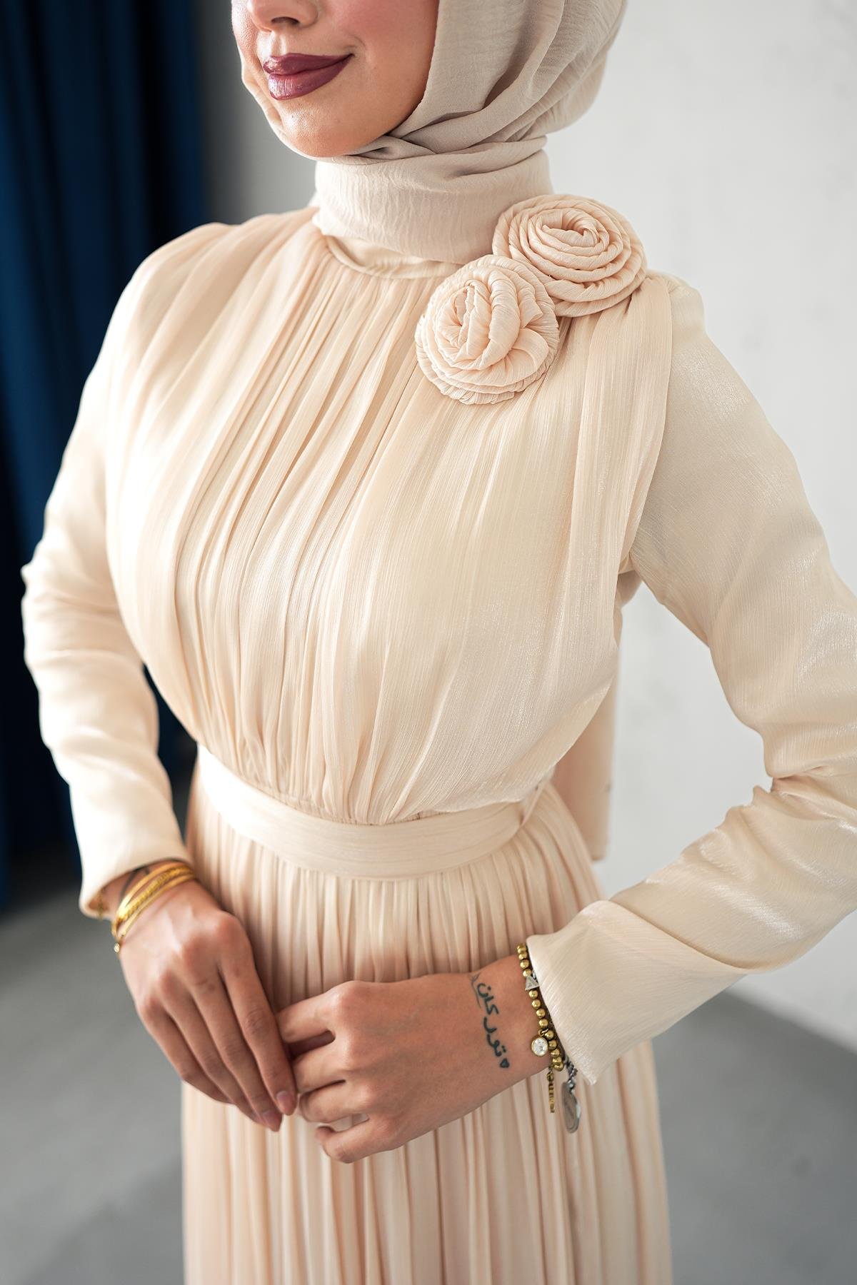 Tesettür Nevgül Işıltı Abiye BejLP6298