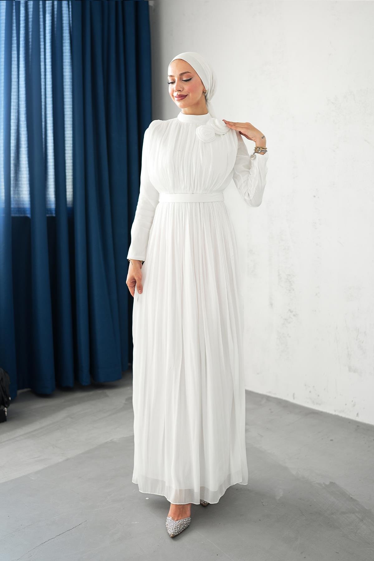 Tesettür Nevgül Işıltı Abiye BeyazLP6298