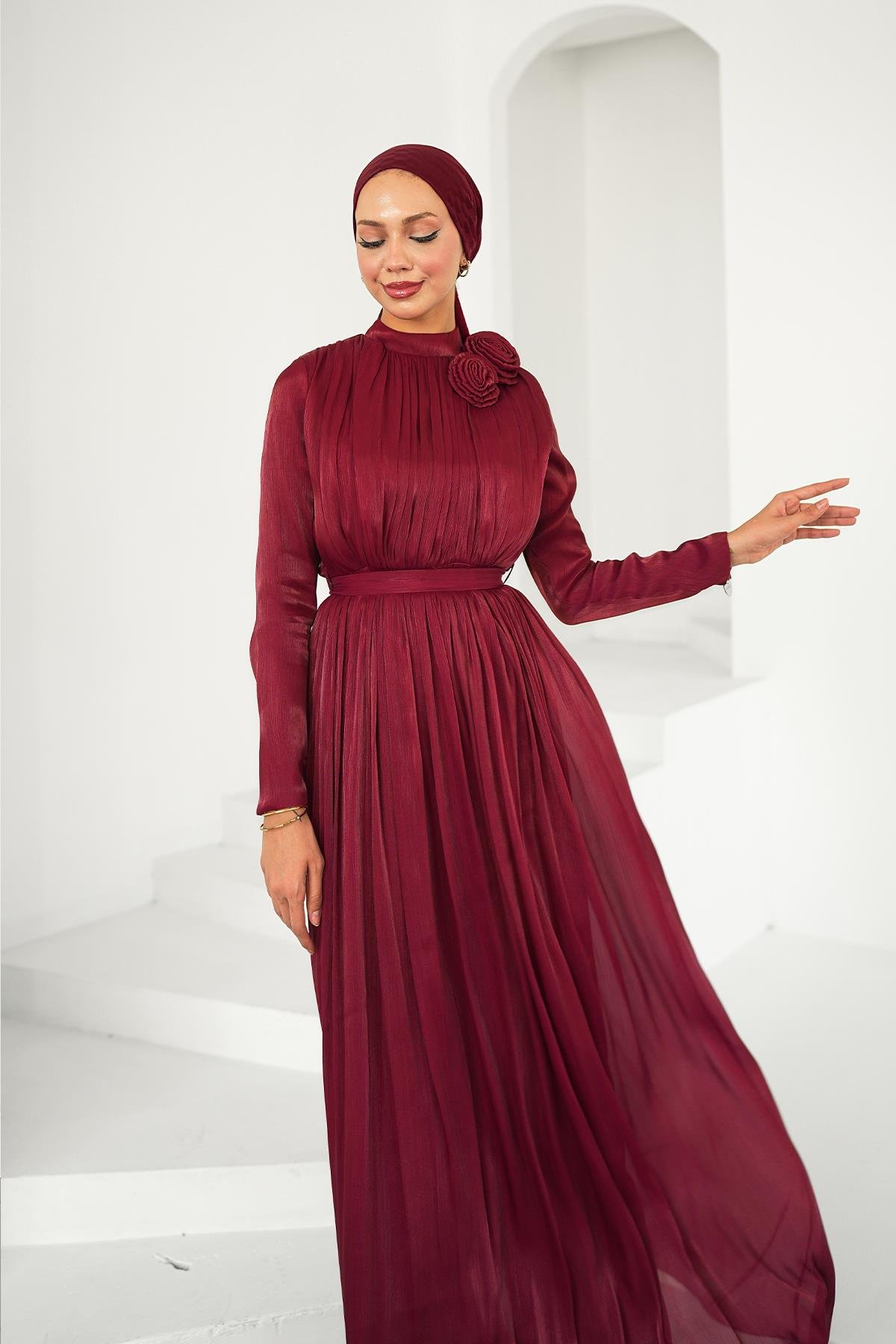 Tesettür Nevgül Işıltı Abiye BordoLP6298