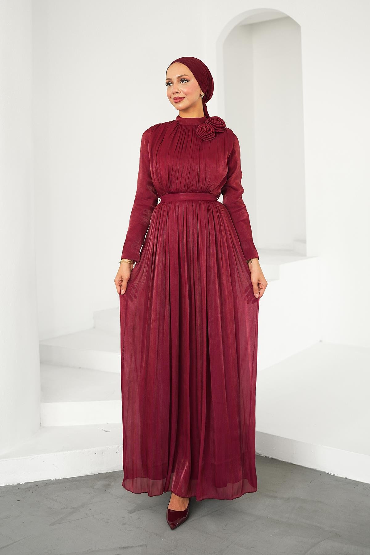 Tesettür Nevgül Işıltı Abiye BordoLP6298