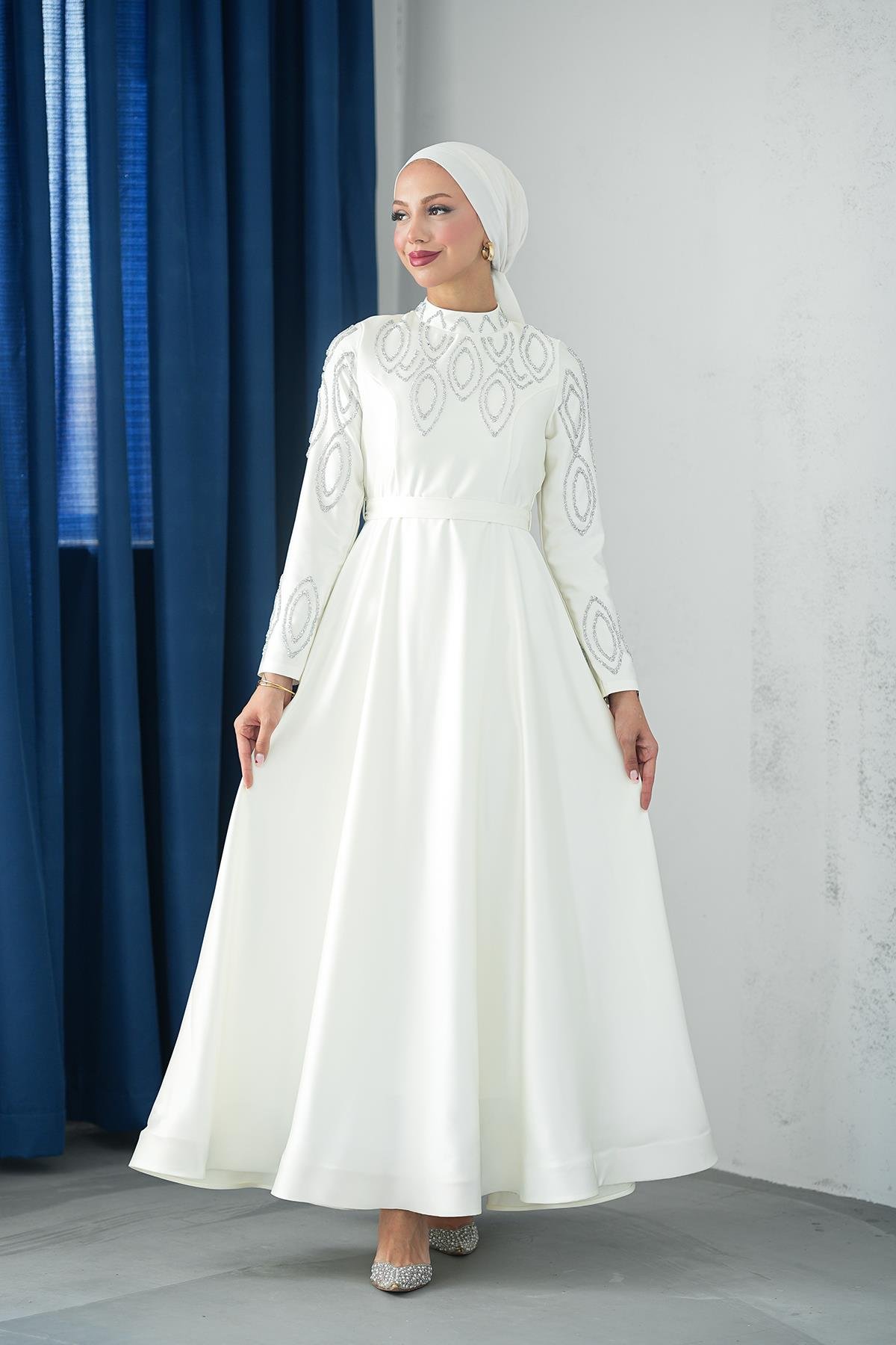 Tesettür Nihan Saten Abiye EkruLP6309