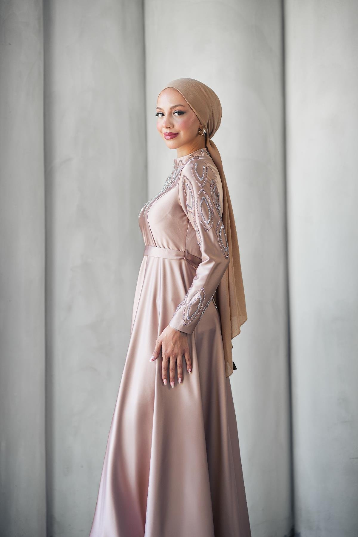 Tesettür Nihan Saten Abiye Gül KurusuLP6309