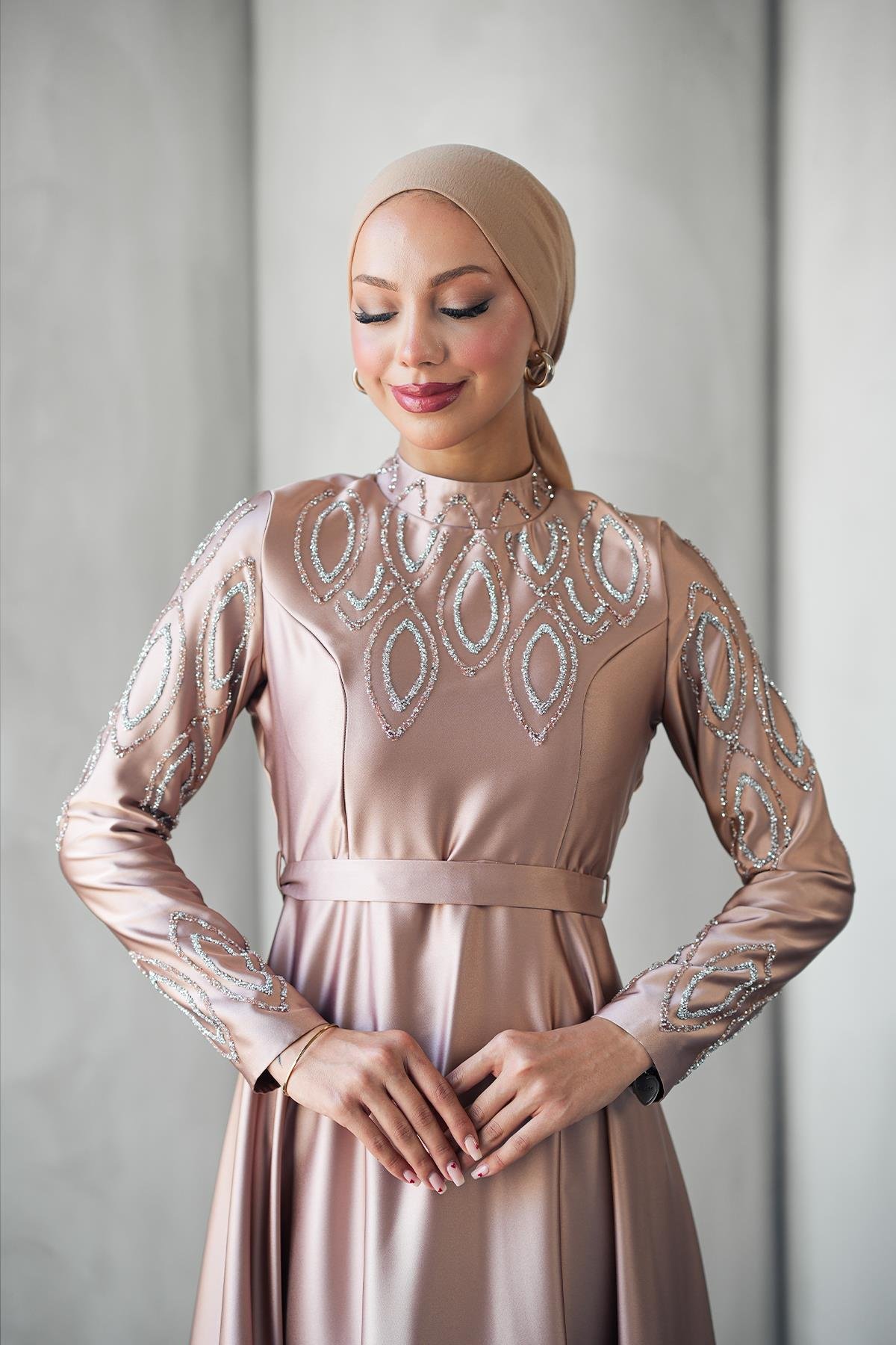 Tesettür Nihan Saten Abiye Gül KurusuLP6309