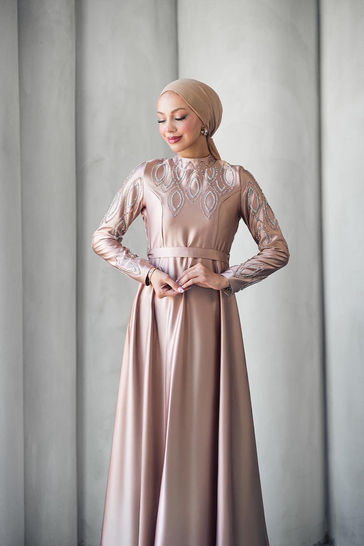 Tesettür Nihan Saten Abiye Gül KurusuLP6309