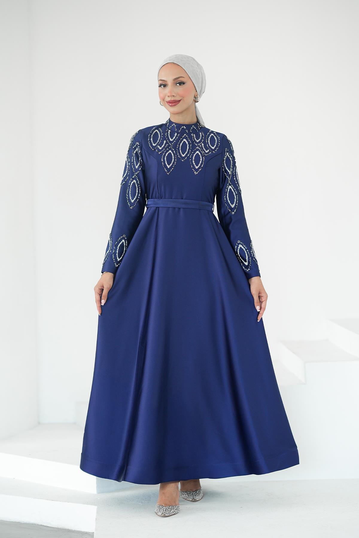 Tesettür Nihan Saten Abiye LacivertLP6309