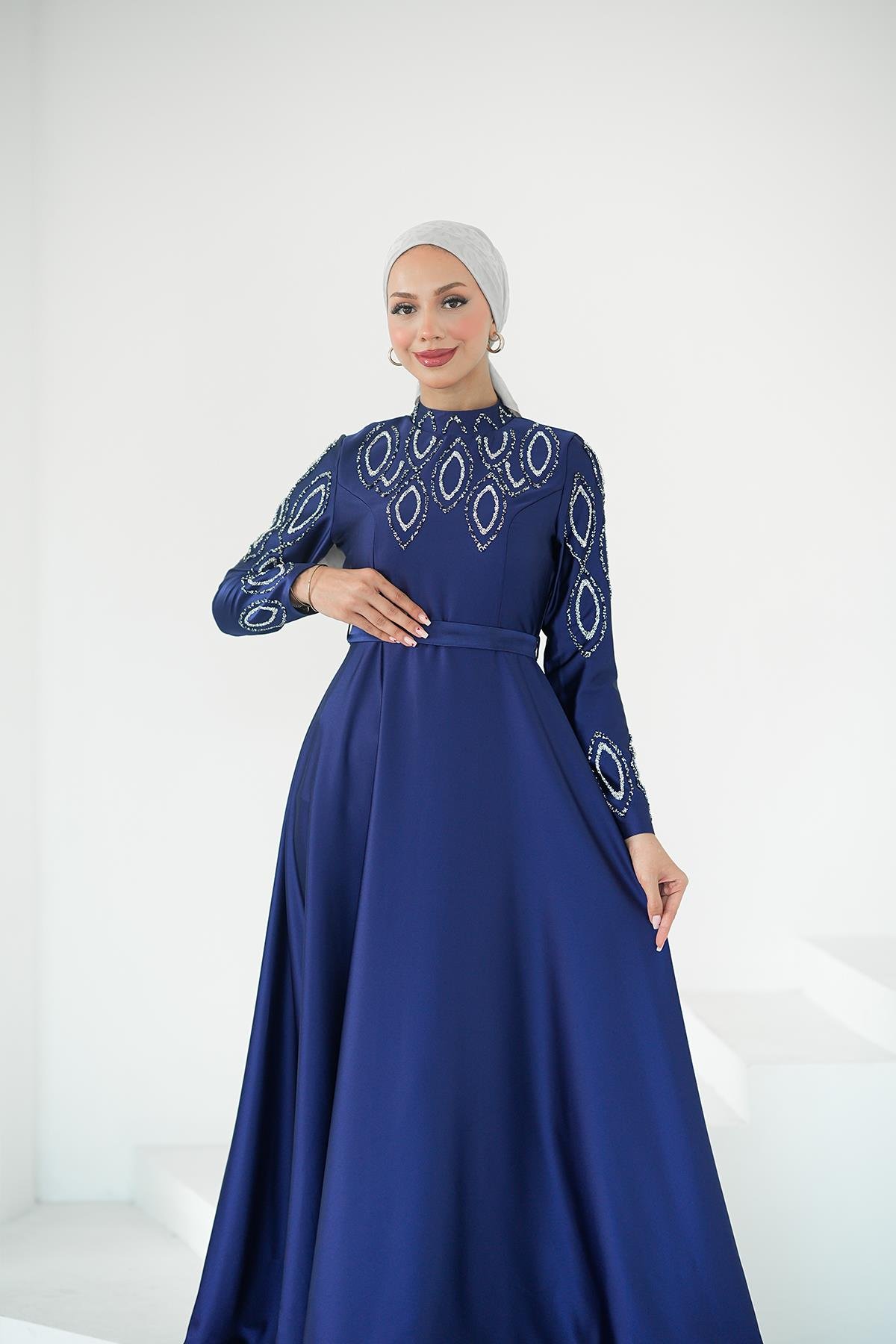 Tesettür Nihan Saten Abiye LacivertLP6309