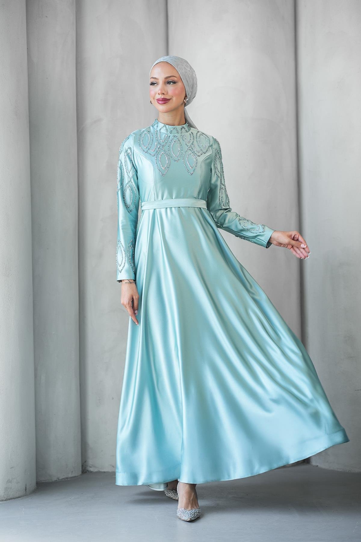 Tesettür Nihan Saten Abiye MintLP6309