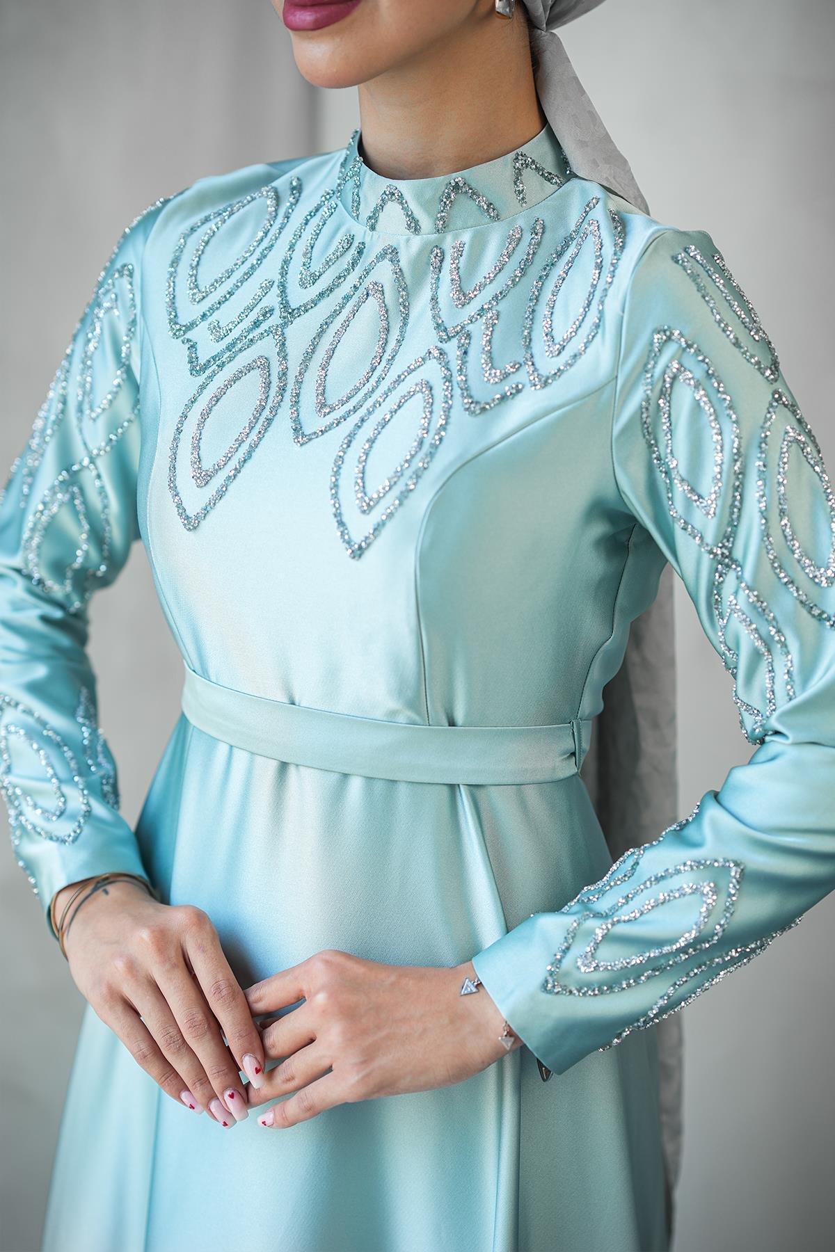 Tesettür Nihan Saten Abiye MintLP6309