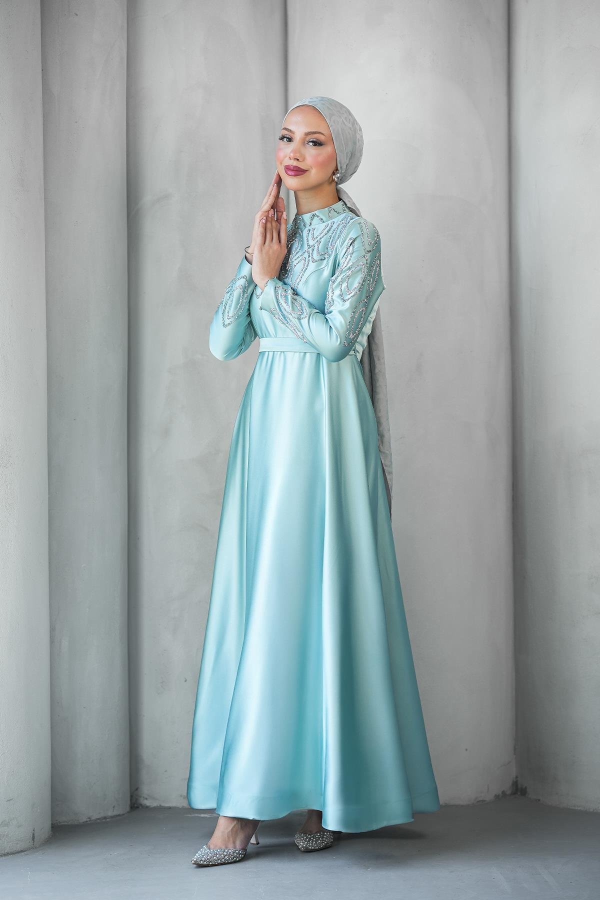 Tesettür Nihan Saten Abiye MintLP6309
