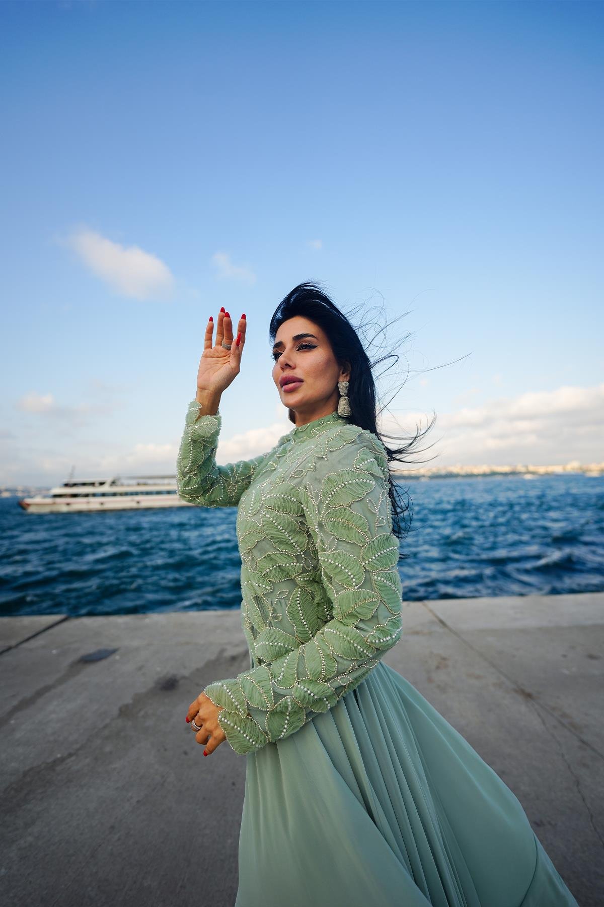 Tesettür Nora İnci Şifon Abiye Mint YeşiliLP6262