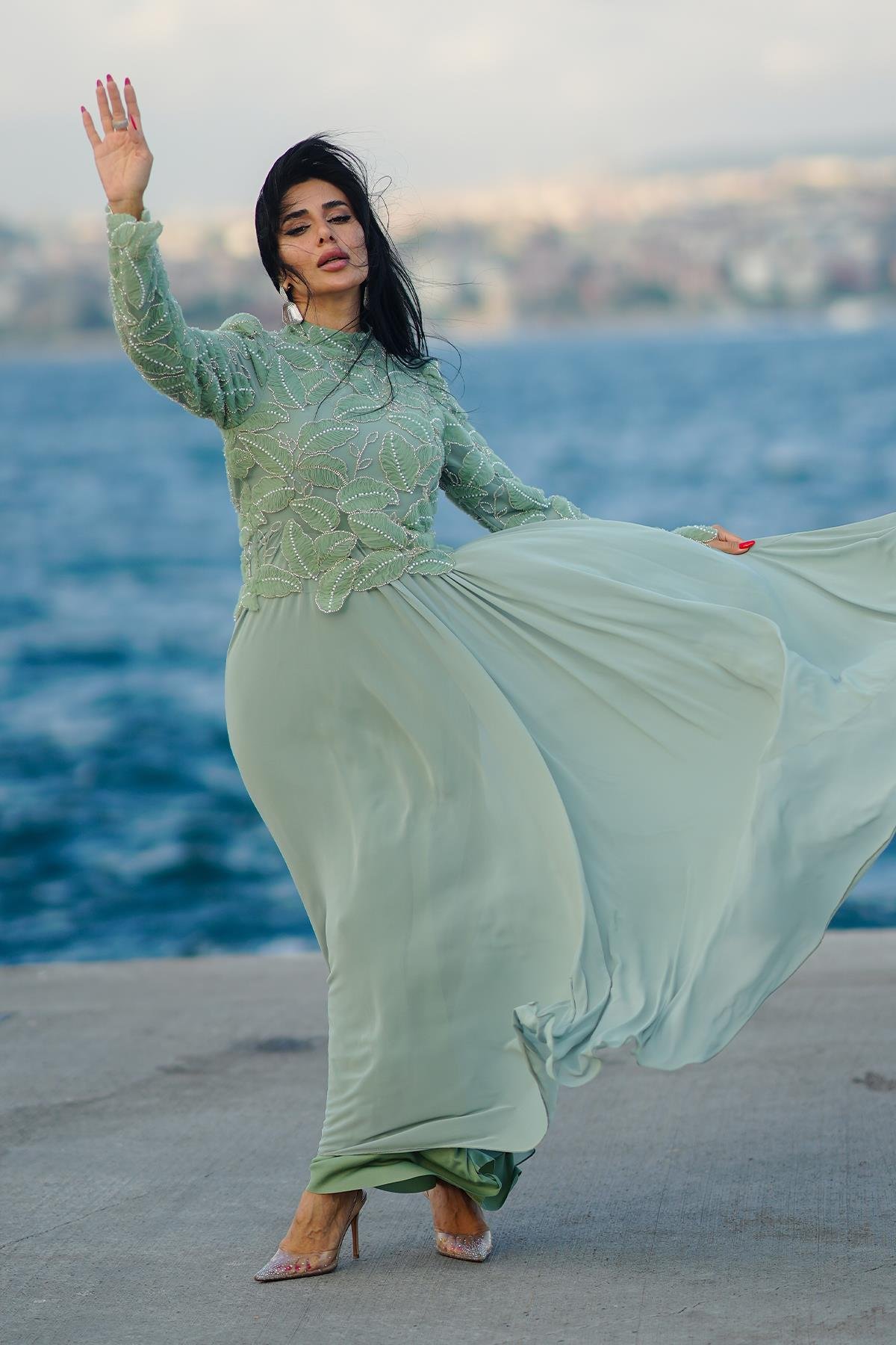 Tesettür Nora İnci Şifon Abiye Mint YeşiliLP6262