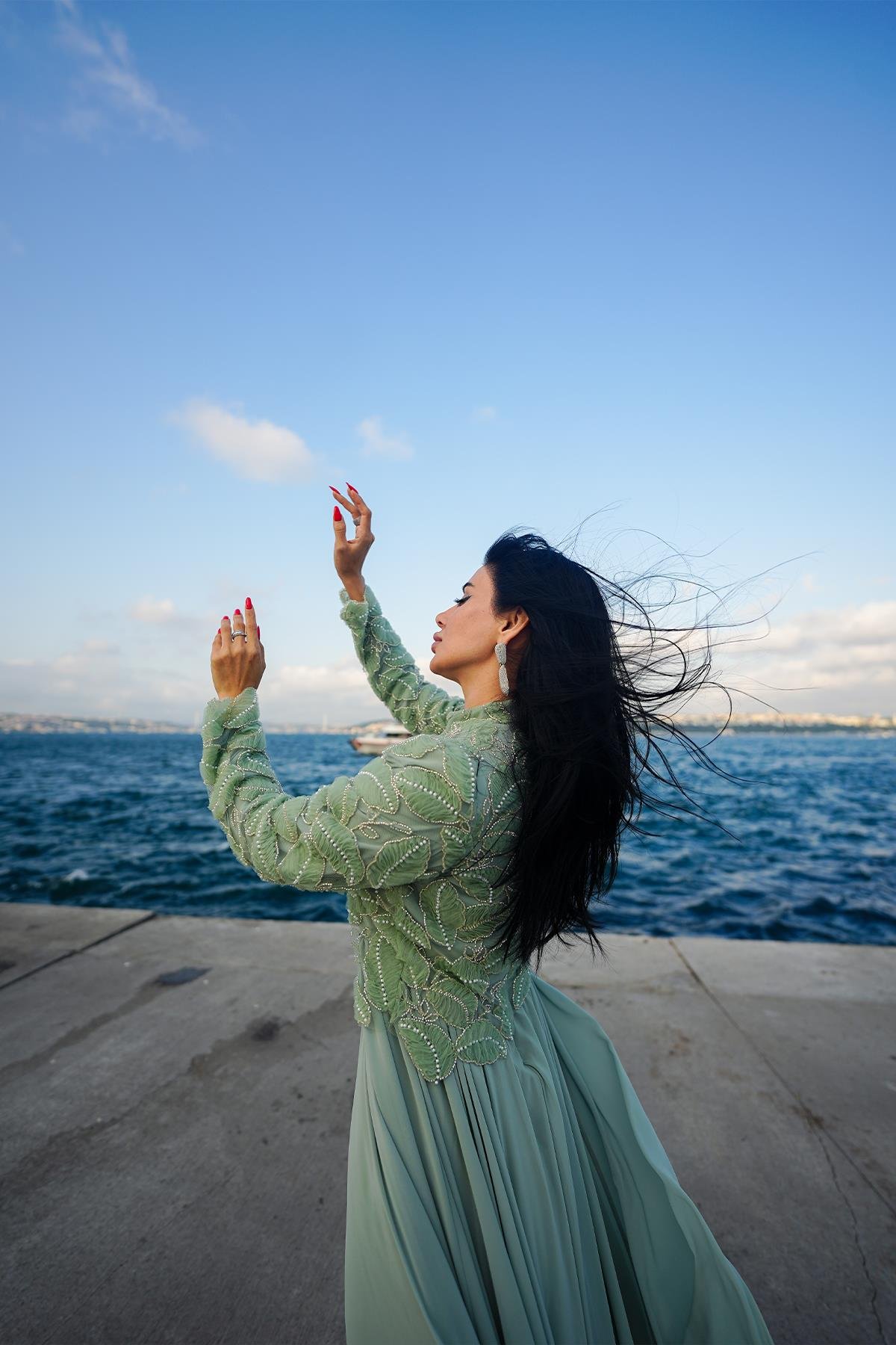 Tesettür Nora İnci Şifon Abiye Mint YeşiliLP6262