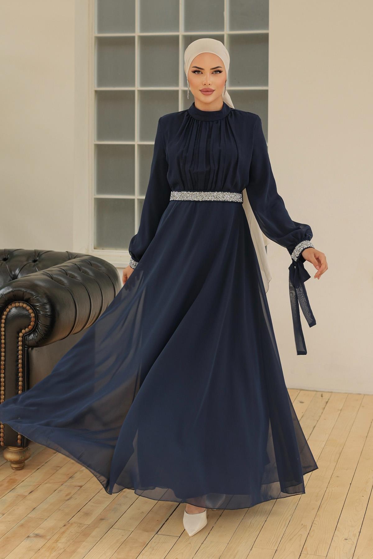 Hijab front shirred stone decoration chiffon evening dress navy blueHM4089