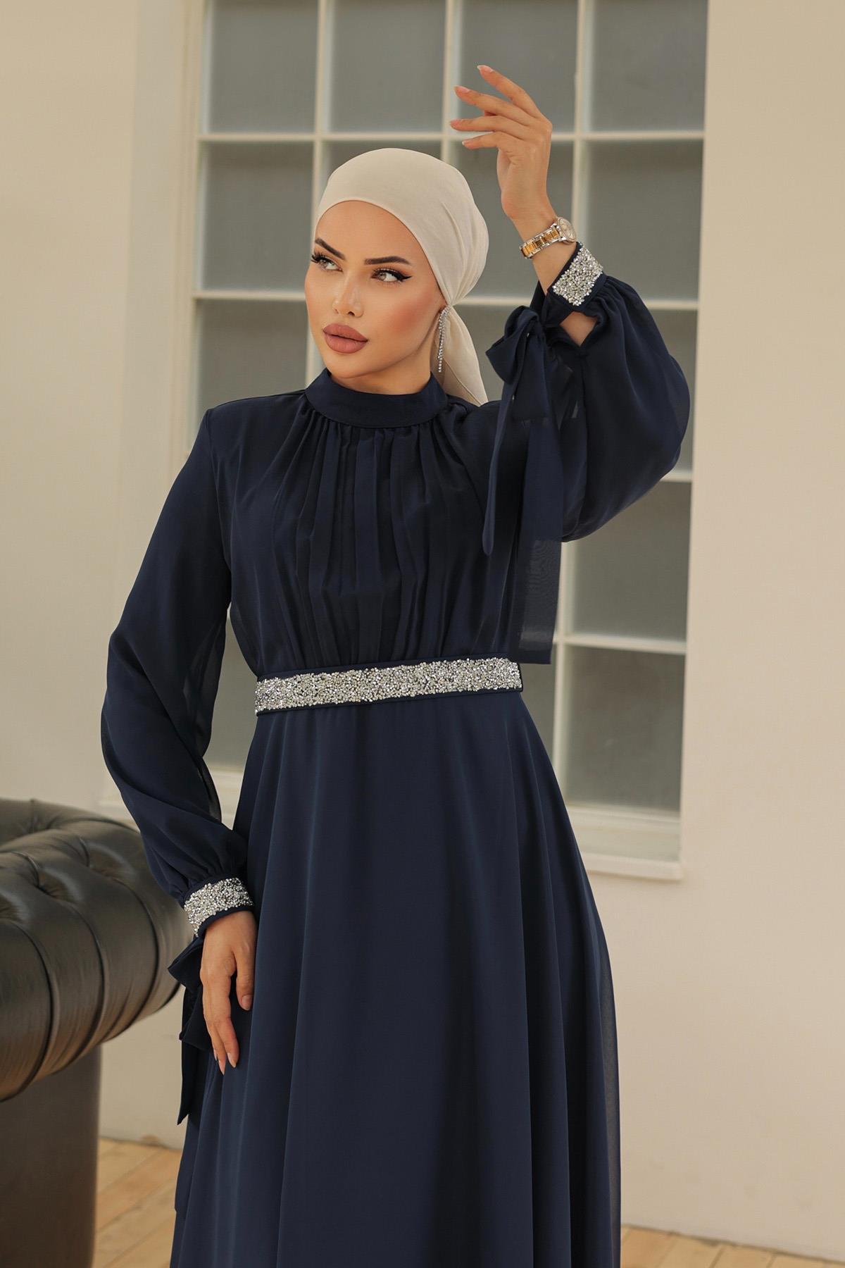 Hijab front shirred stone decoration chiffon evening dress navy blueHM4089