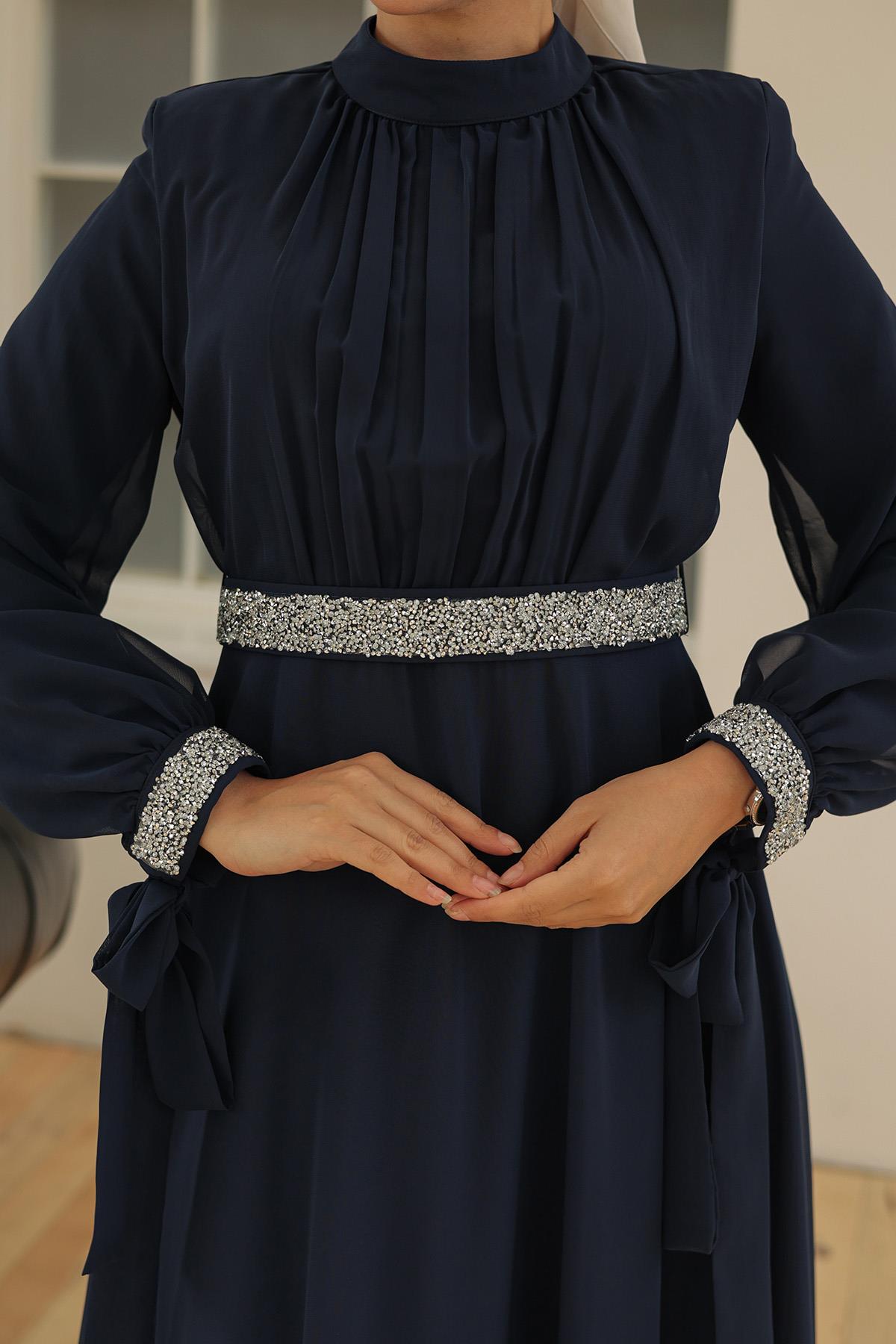 Hijab front shirred stone decoration chiffon evening dress navy blueHM4089