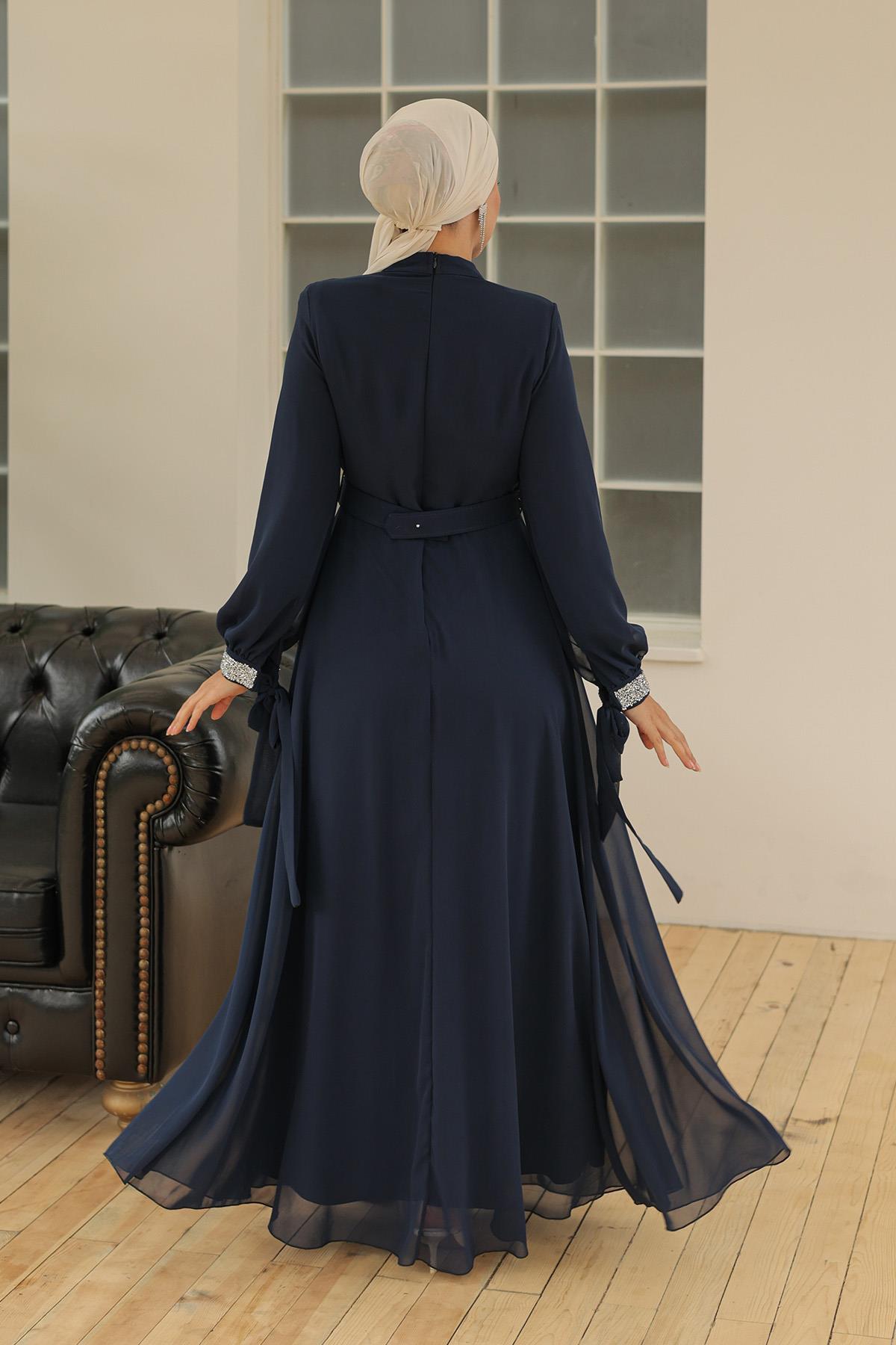 Hijab front shirred stone decoration chiffon evening dress navy blueHM4089