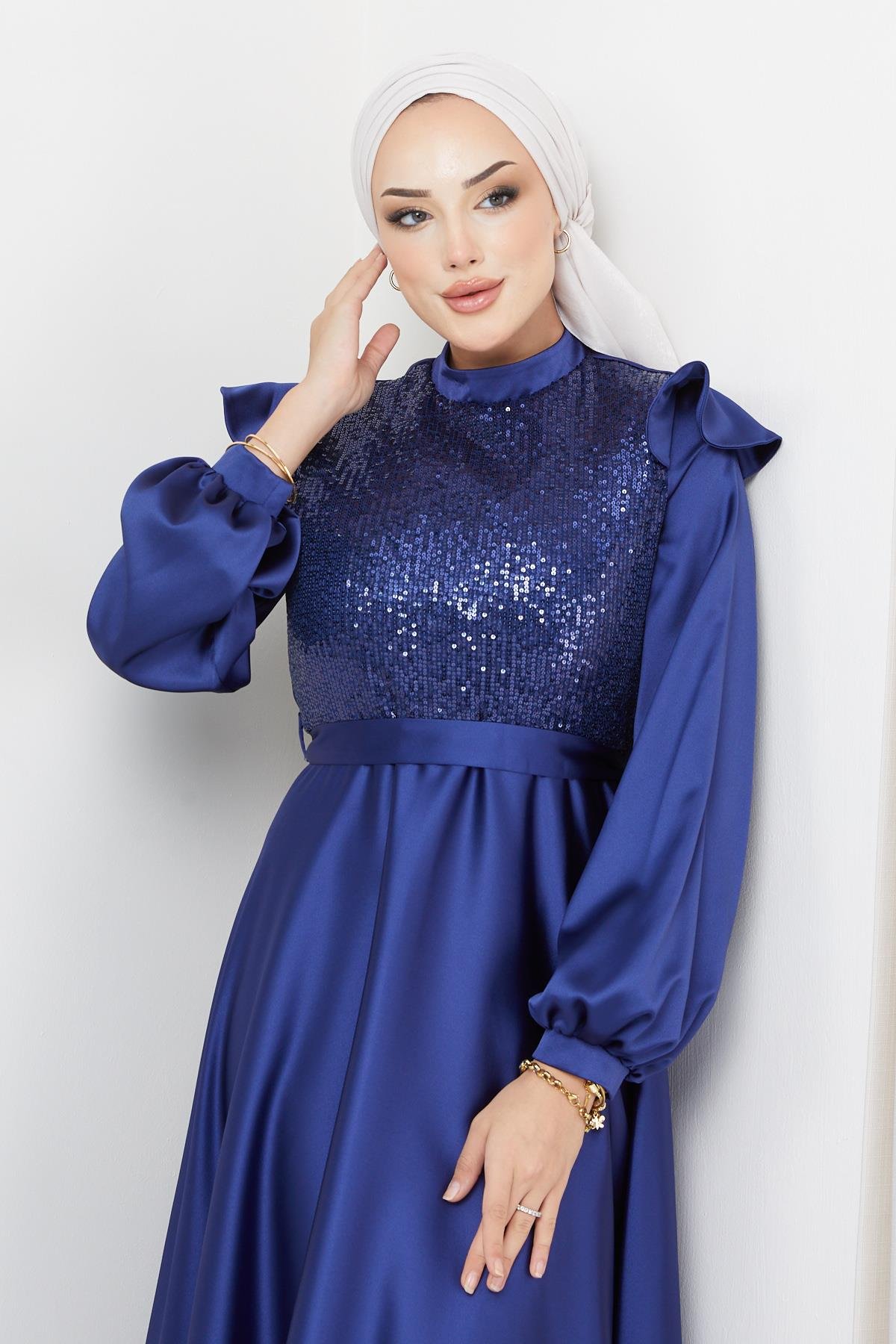 Tesettür Önü Payet Detaylı Saten Abiye LacivertHM5022-1