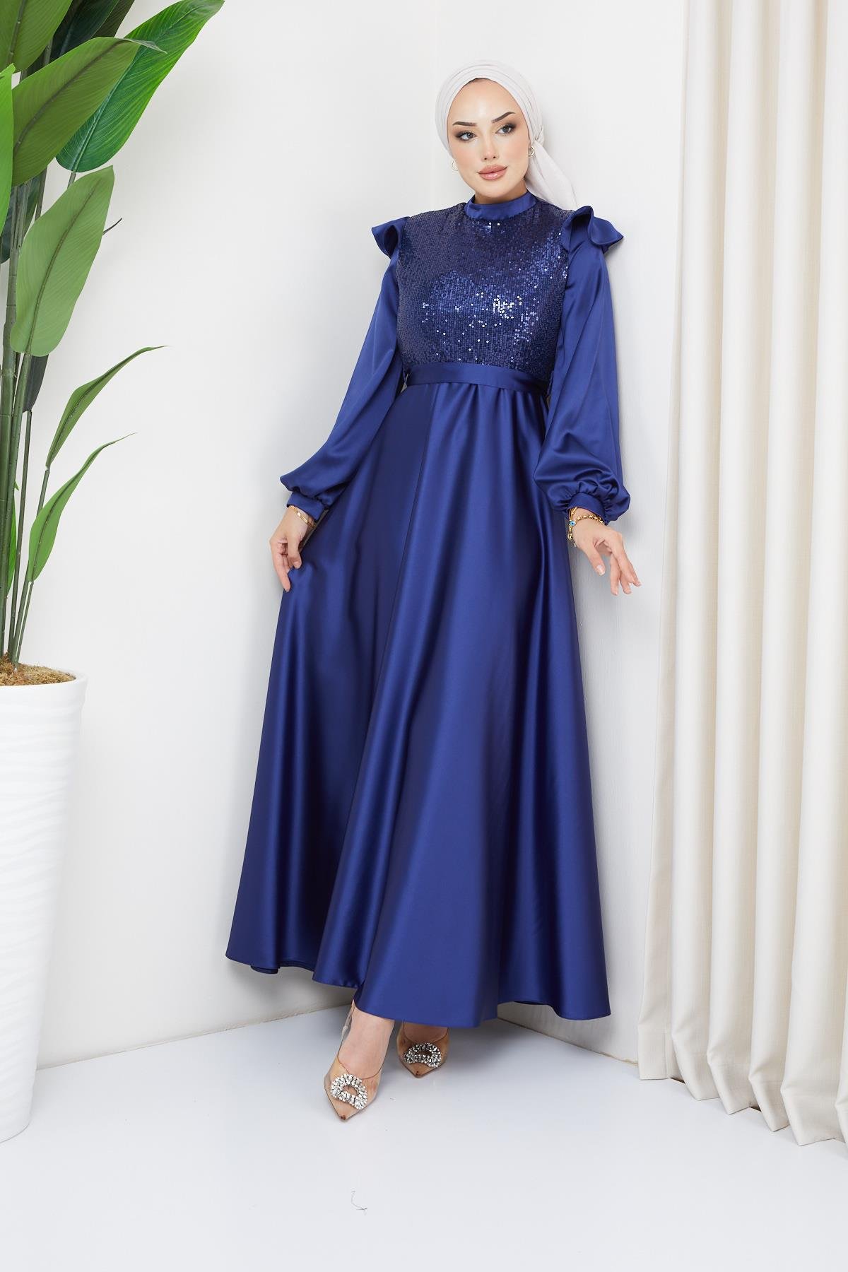 Tesettür Önü Payet Detaylı Saten Abiye LacivertHM5022-1
