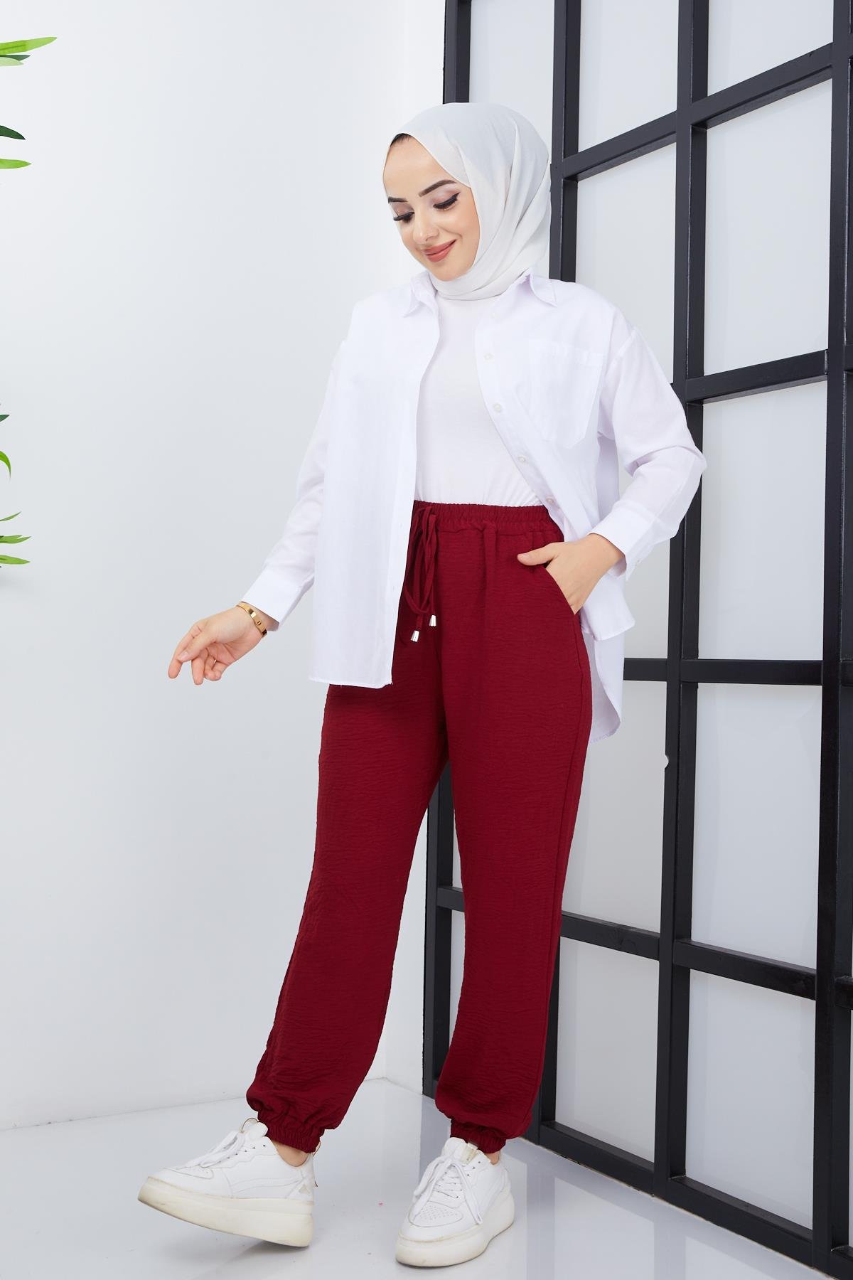 Tesettür Paça Lastikli Aerobin Pantolon BordoHM4028