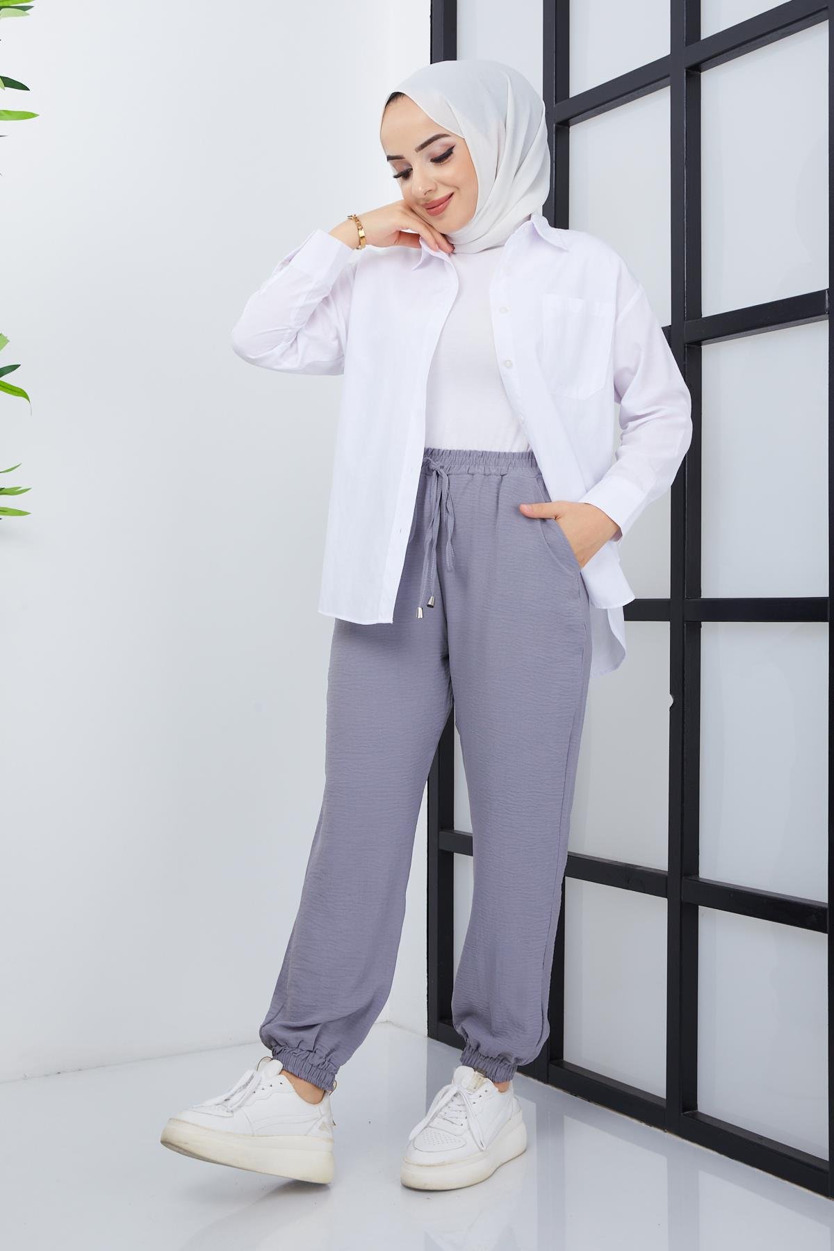 Tesettür Paça Lastikli Aerobin Pantolon GriHM4028
