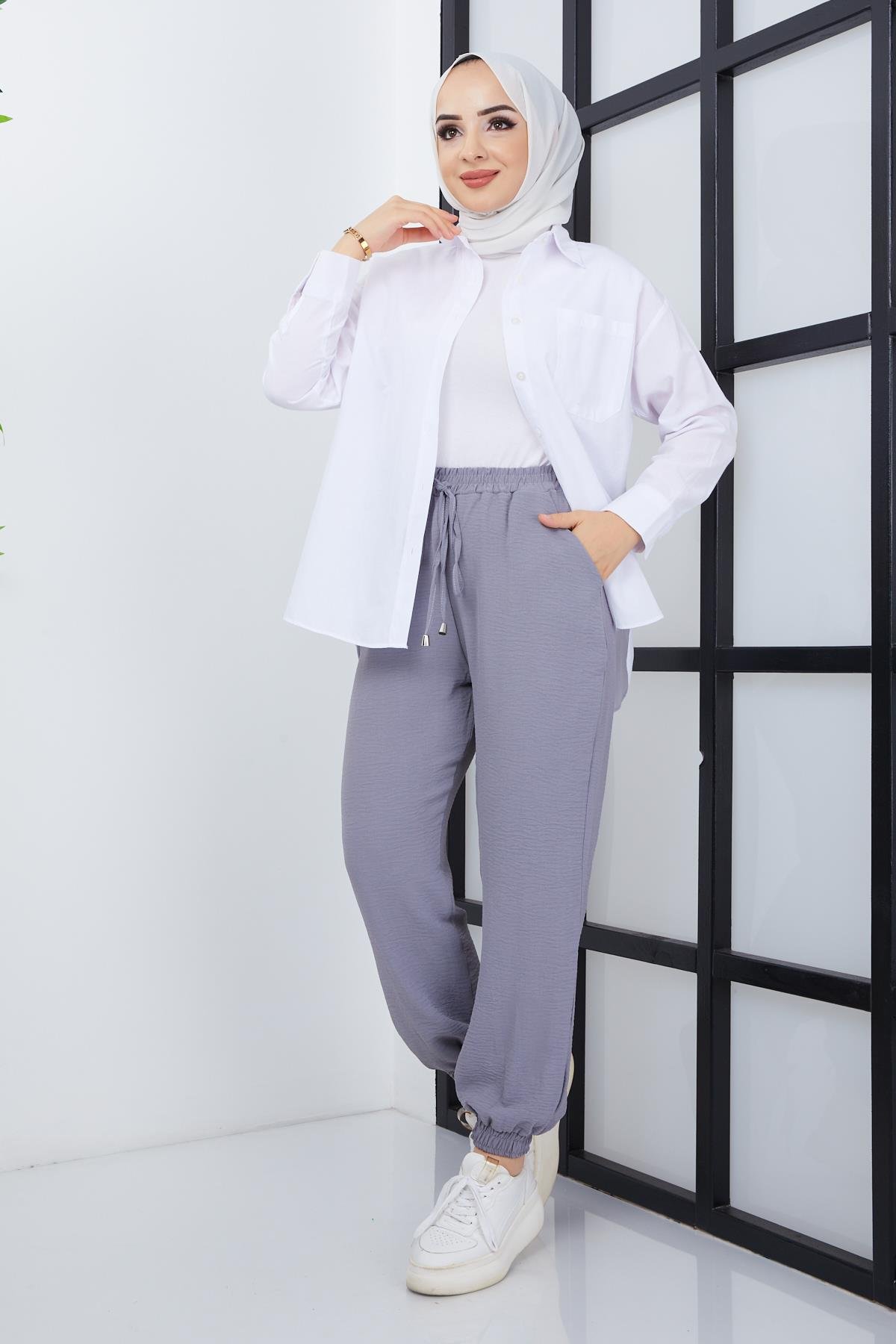 Tesettür Paça Lastikli Aerobin Pantolon GriHM4028
