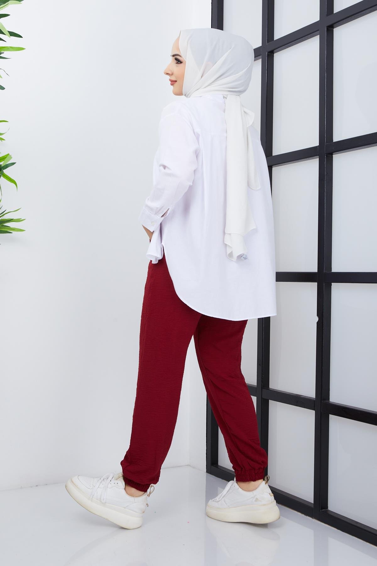 Tesettür Paça Lastikli Aerobin Pantolon BordoHM4028
