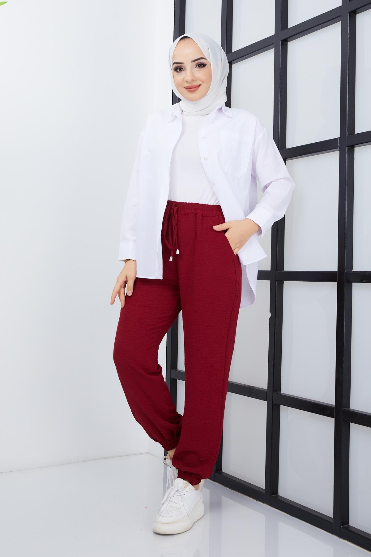 Tesettür Paça Lastikli Aerobin Pantolon BordoHM4028