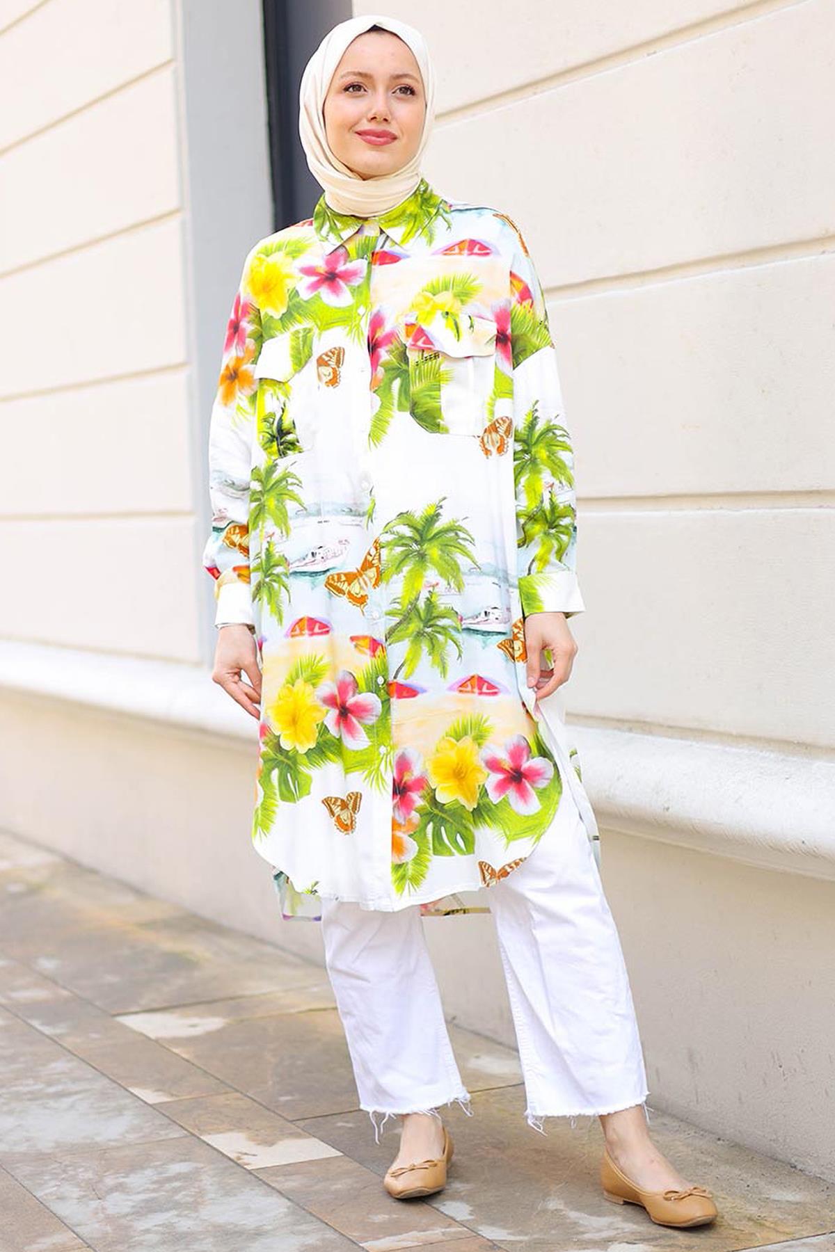 Tesettür Palmiye Desenli Cepli Tunik YeşilHM65009