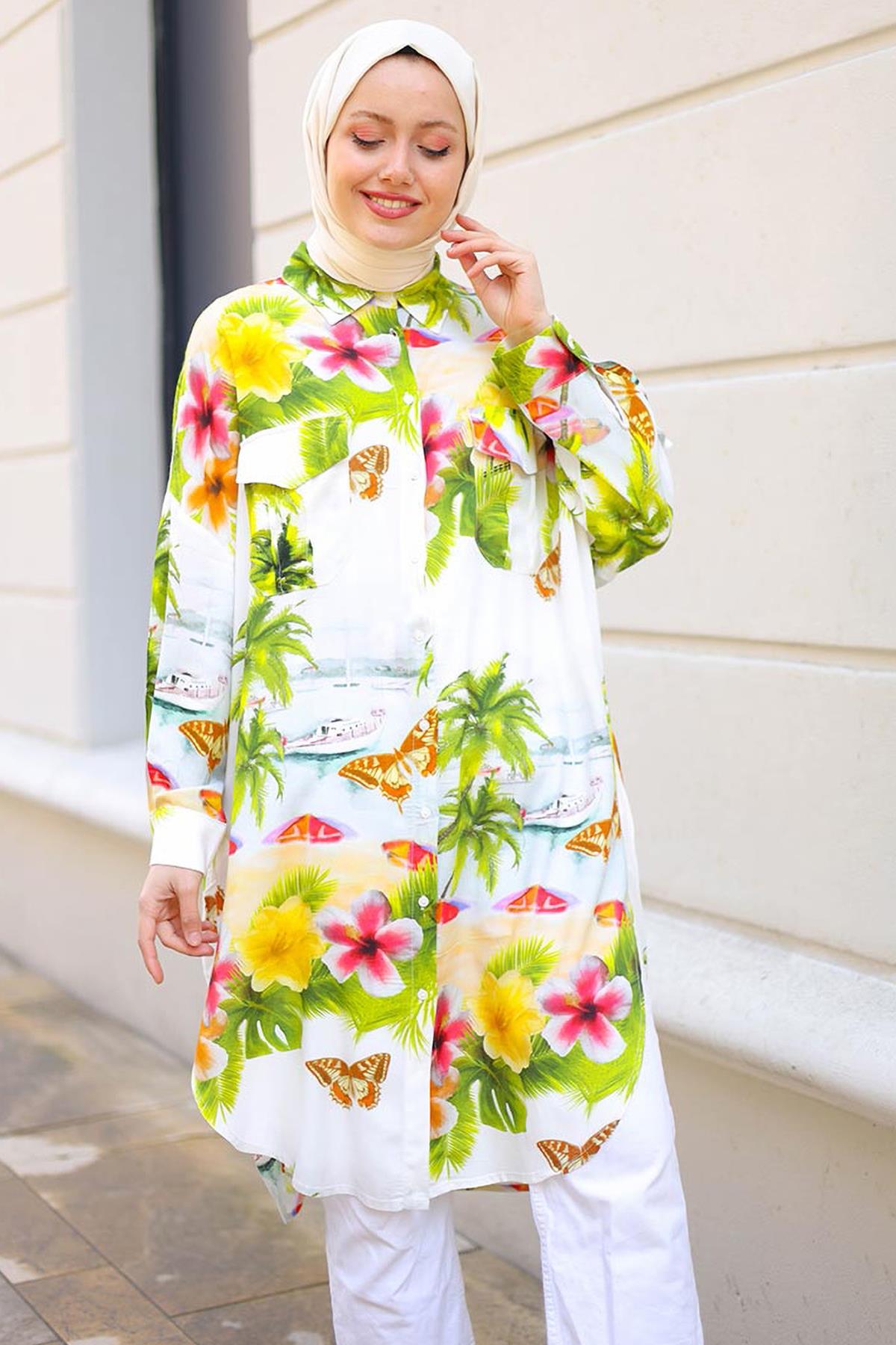 Tesettür Palmiye Desenli Cepli Tunik YeşilHM65009