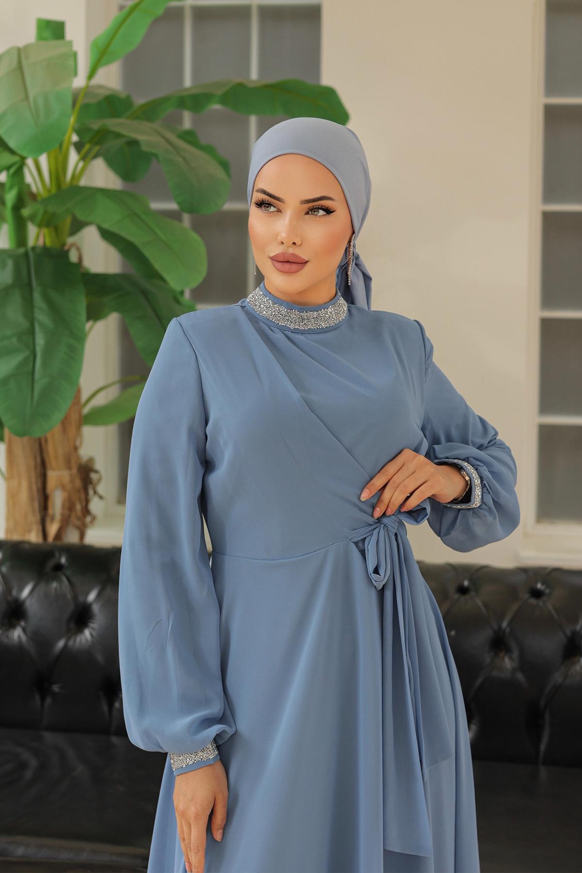 Tesettür Papya Şifon Abiye IndigoLP6038