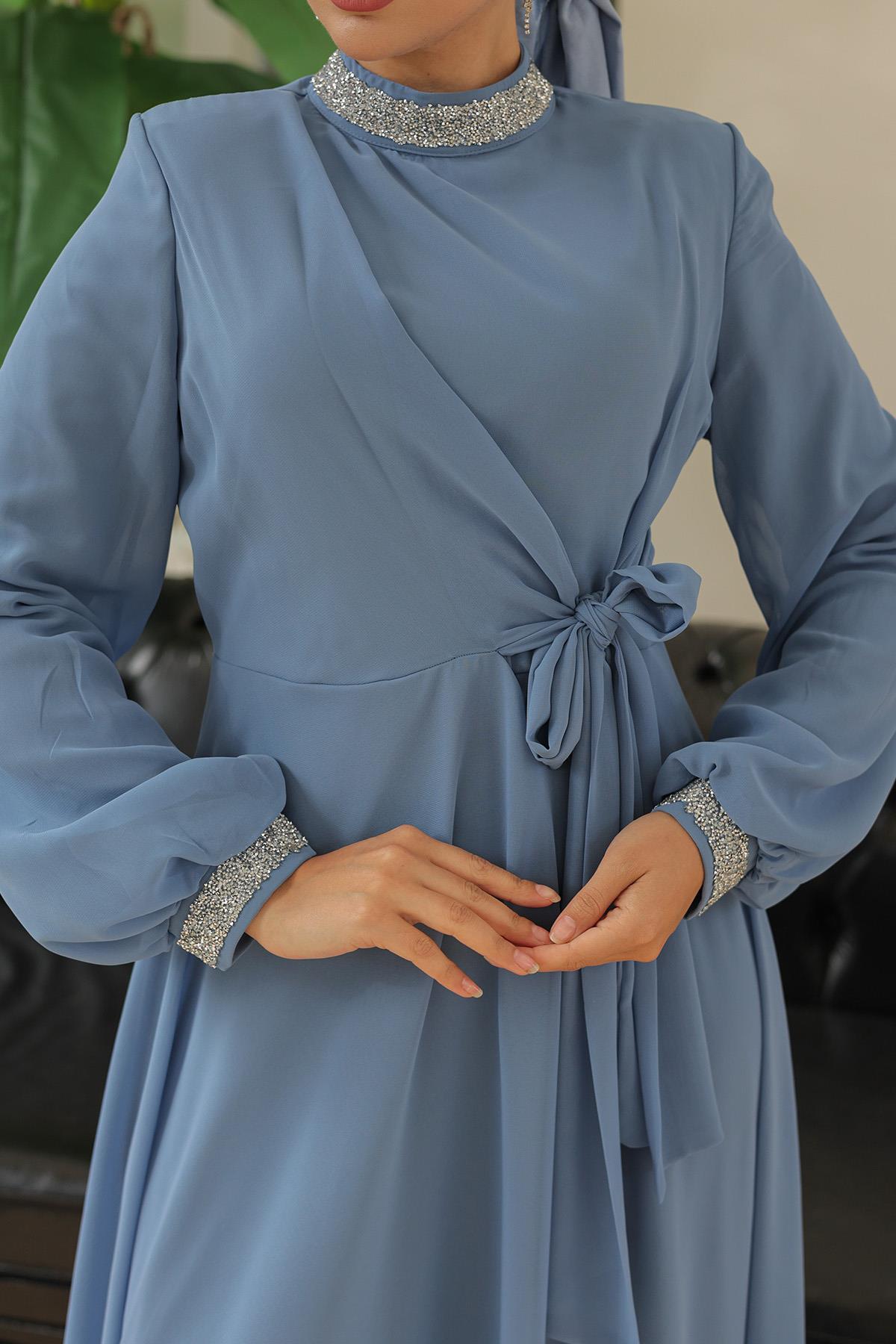 Tesettür Papya Şifon Abiye IndigoLP6038