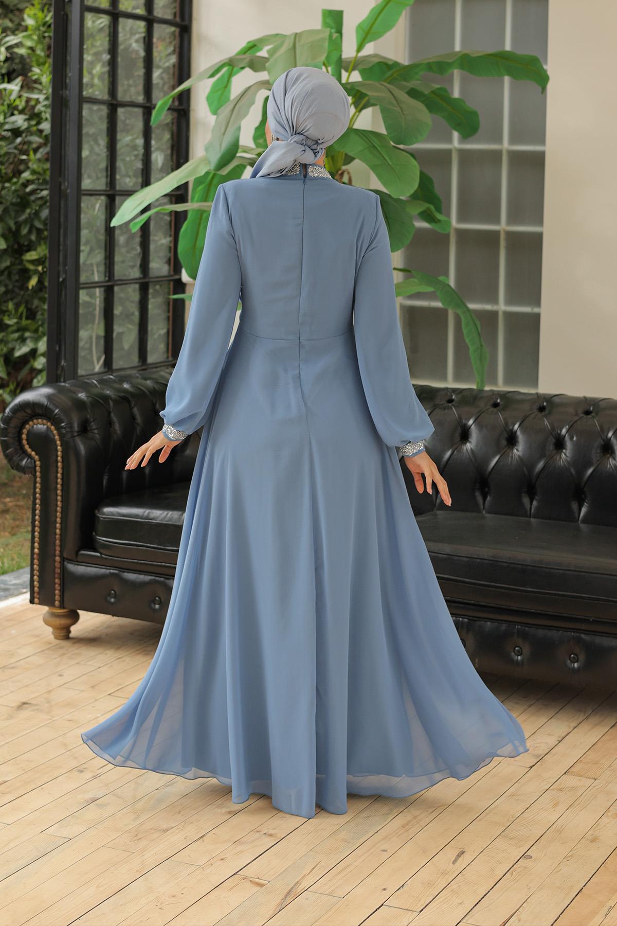 Tesettür Papya Şifon Abiye IndigoLP6038