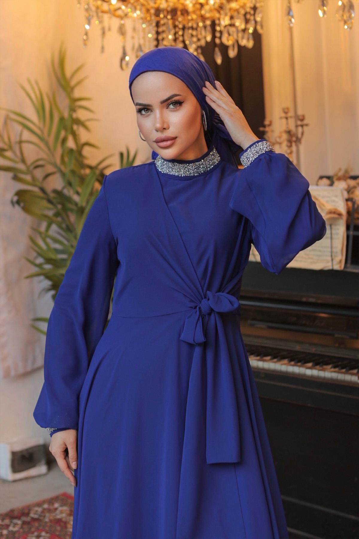 Tesettür Papya Şifon abiye Saks MavisiLP6038