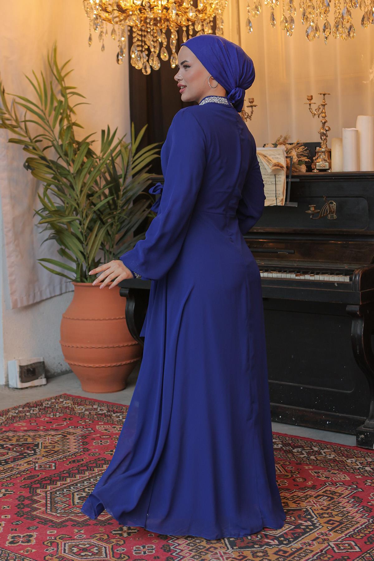 Tesettür Papya Şifon abiye Saks MavisiLP6038