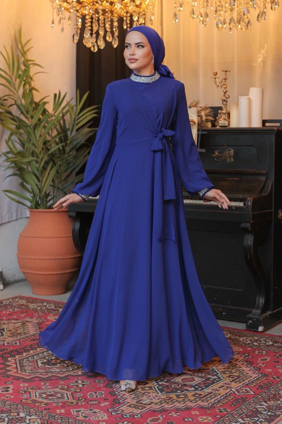 Tesettür Papya Şifon abiye Saks MavisiLP6038