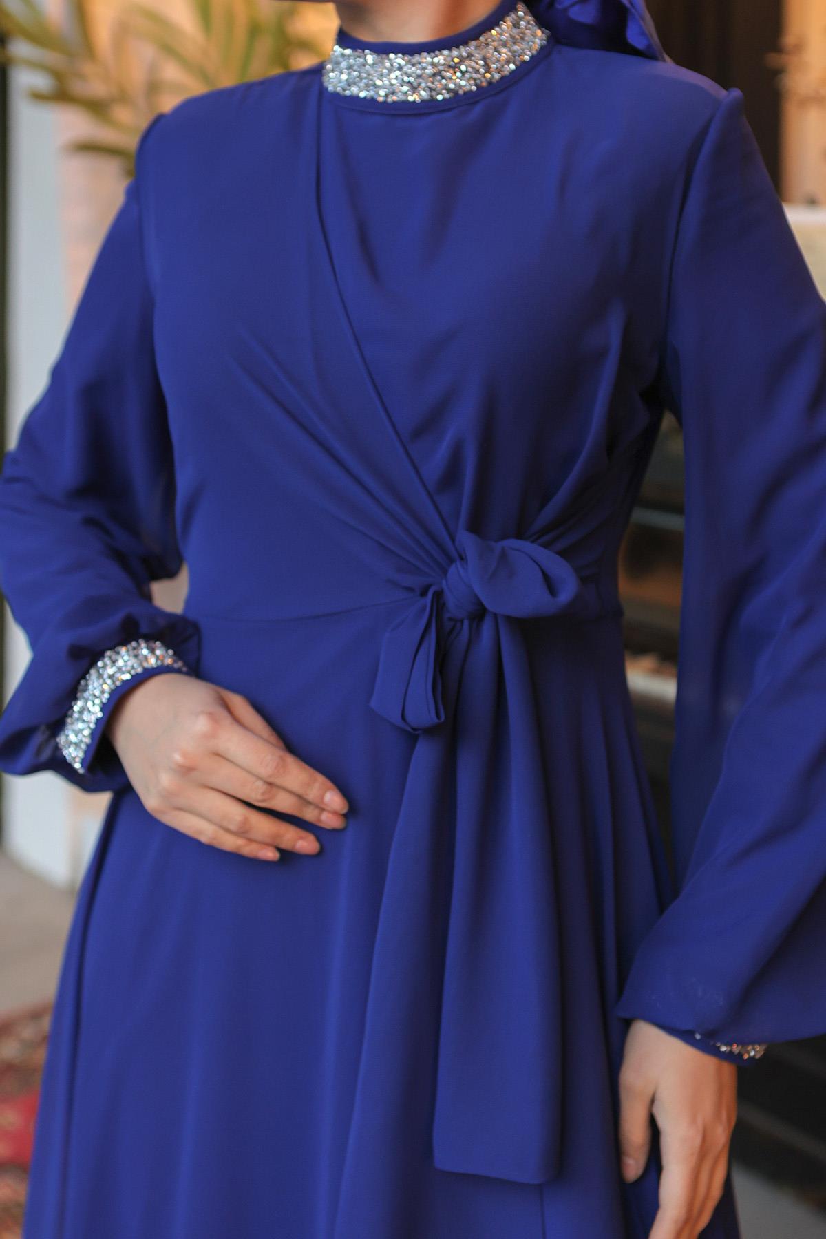 Tesettür Papya Şifon abiye Saks MavisiLP6038