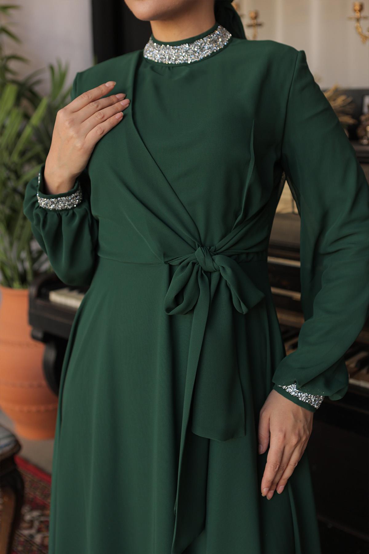 Tesettür Papya Şifon abiye Zümrüt YeşiliLP6038