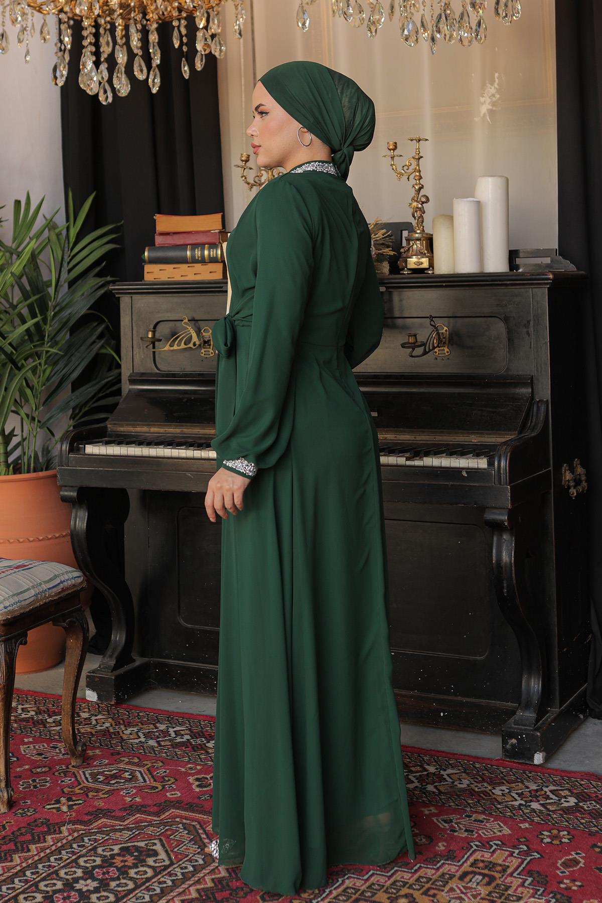 Tesettür Papya Şifon abiye Zümrüt YeşiliLP6038
