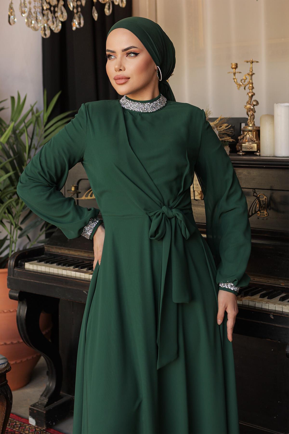Tesettür Papya Şifon abiye Zümrüt YeşiliLP6038
