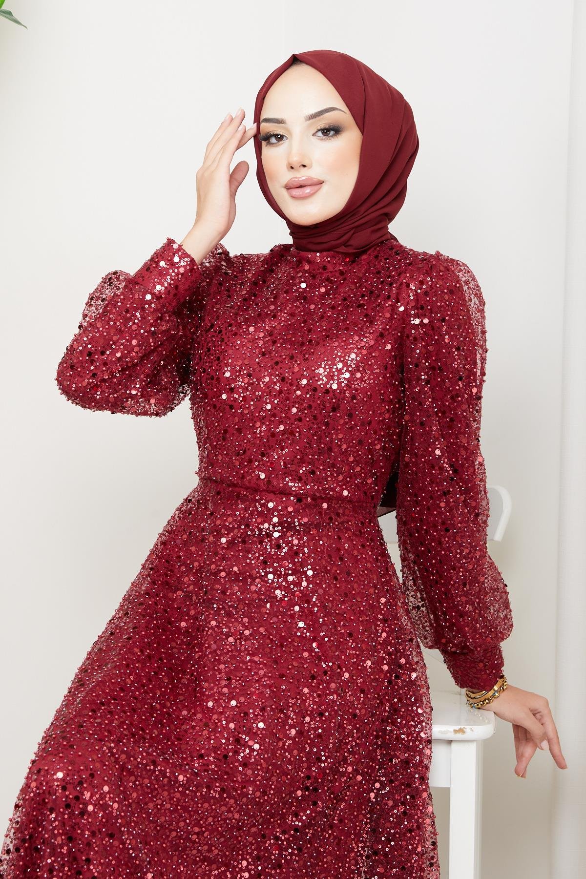 Tesettür Payetli Tül Abiye BordoHM5014