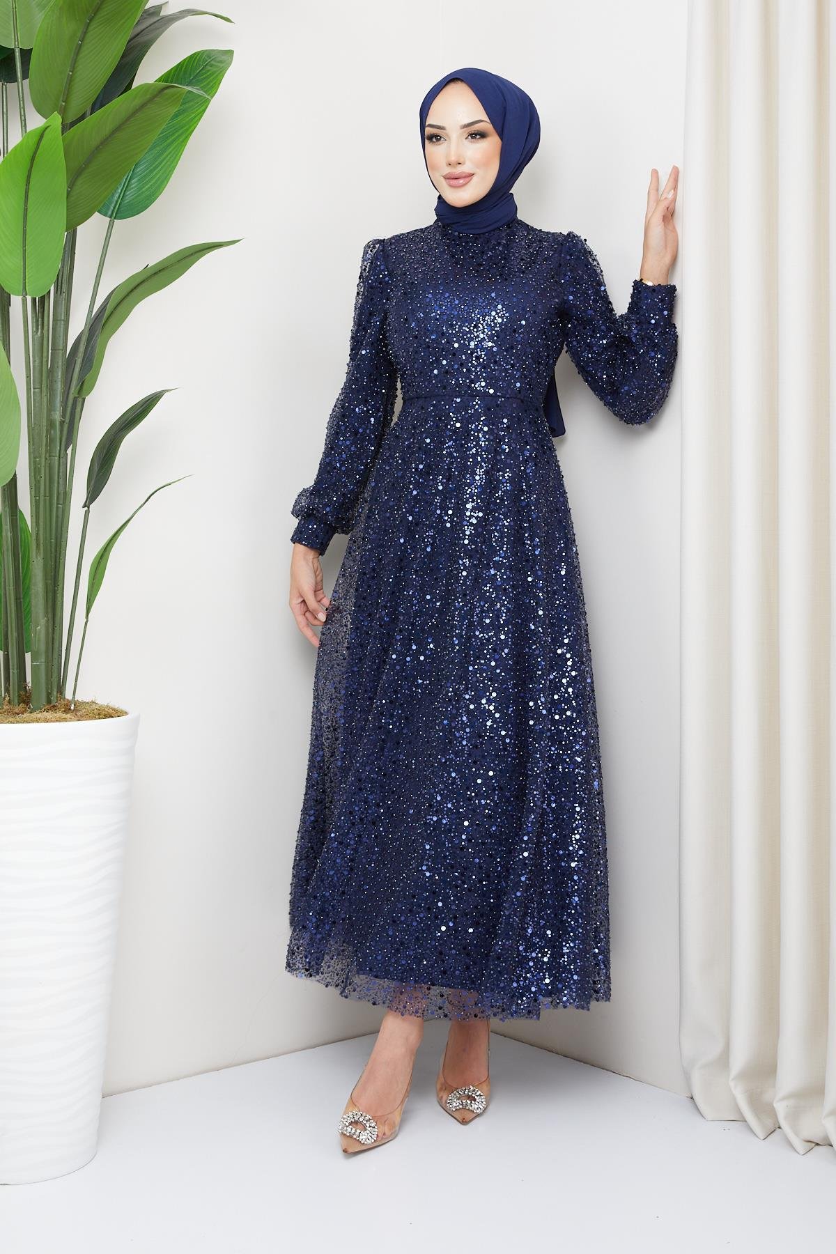 Tesettür Payetli Tül Abiye LacivertHM5014